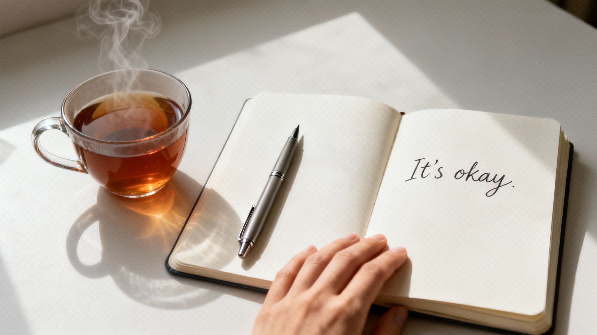A hand resting on an open notebook with 'It's okay.' written, next to a steaming cup of tea.