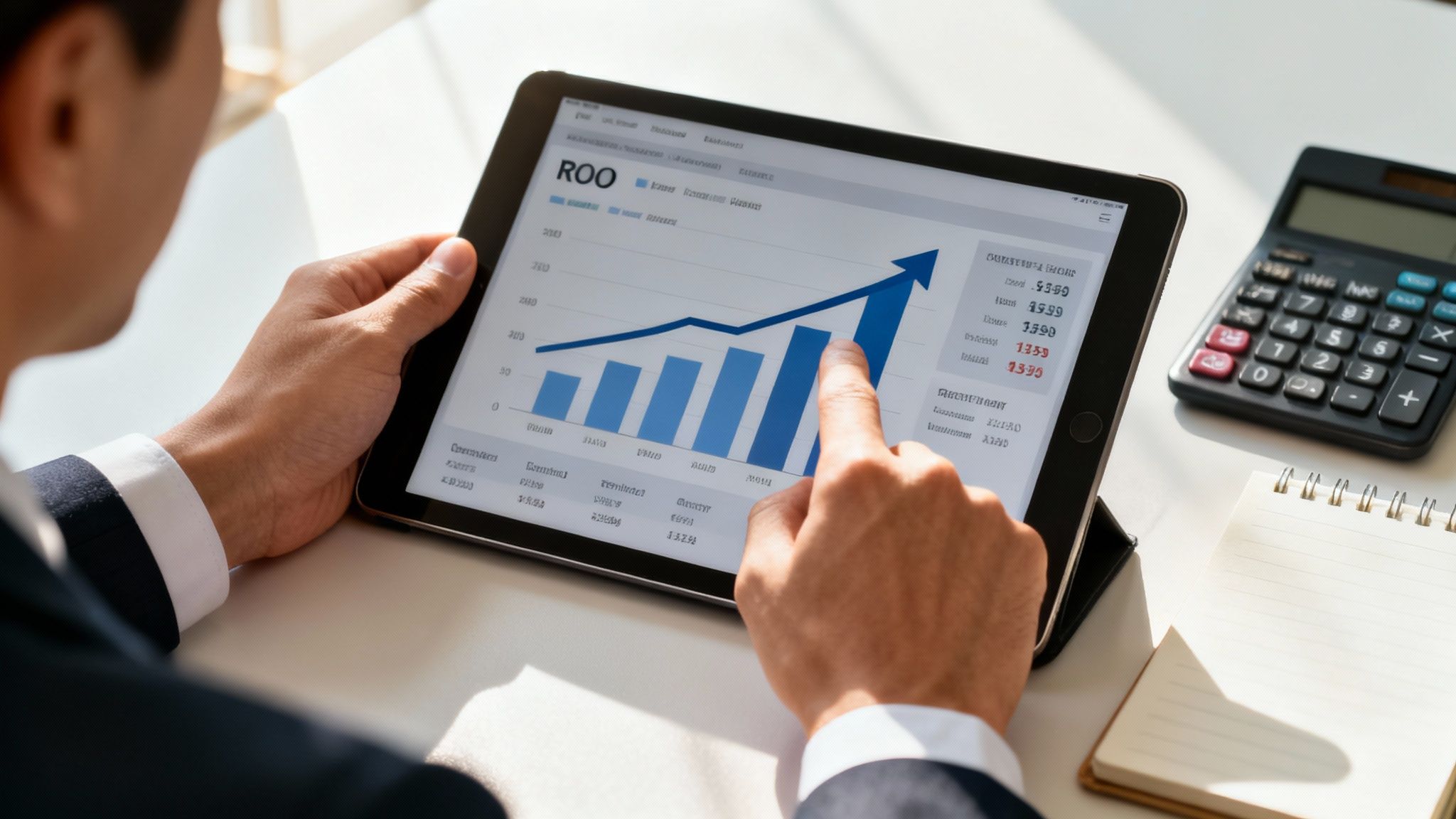 A person analyzes business growth data on a tablet, showing an upward trend, next to a calculator.