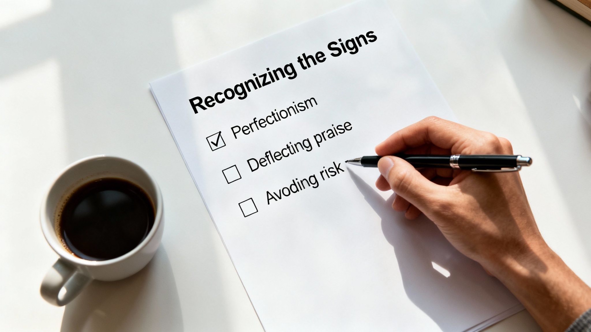 A diagram showing the business costs of imposter syndrome, such as high turnover and low innovation, represented by charts and graphs.