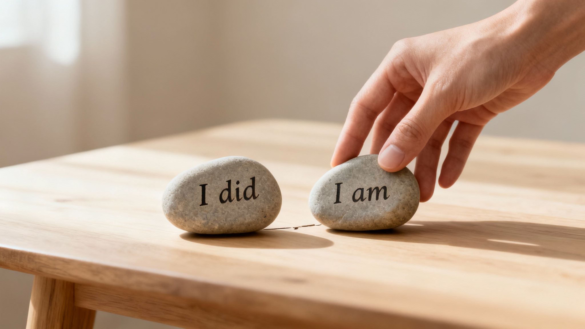 A hand places an 'I am' stone next to an 'I did' stone on a wooden table.
