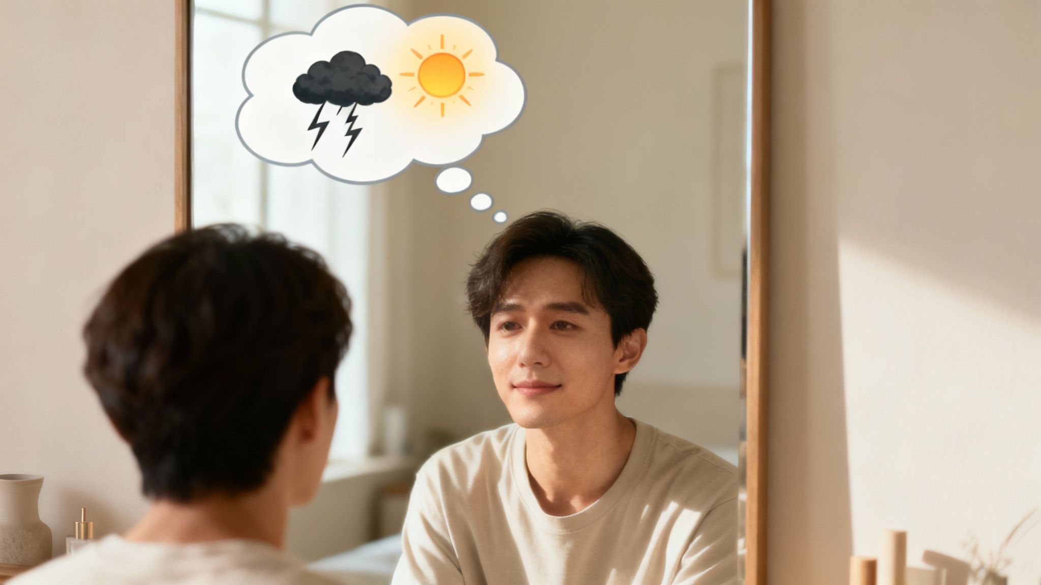 A person sitting calmly and meditating with an abstract, colourful thought cloud above their head.