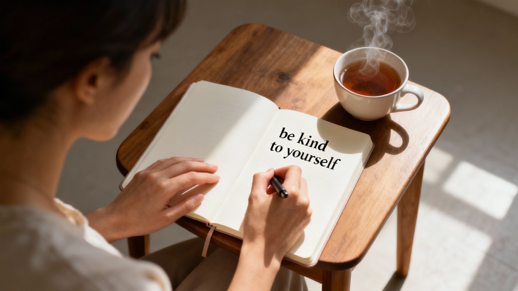 Person writing be kind to yourself message in journal with steaming tea cup on wooden table