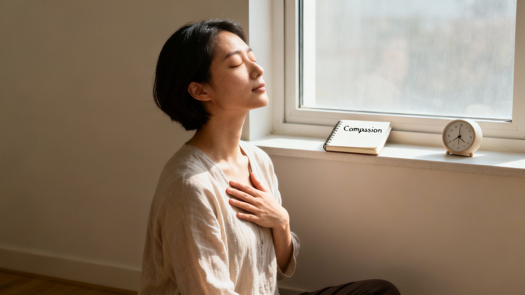 A woman meditates by a sunny window with her hand on her chest, a notebook with 'Compassion' and a clock are on the windowsill.