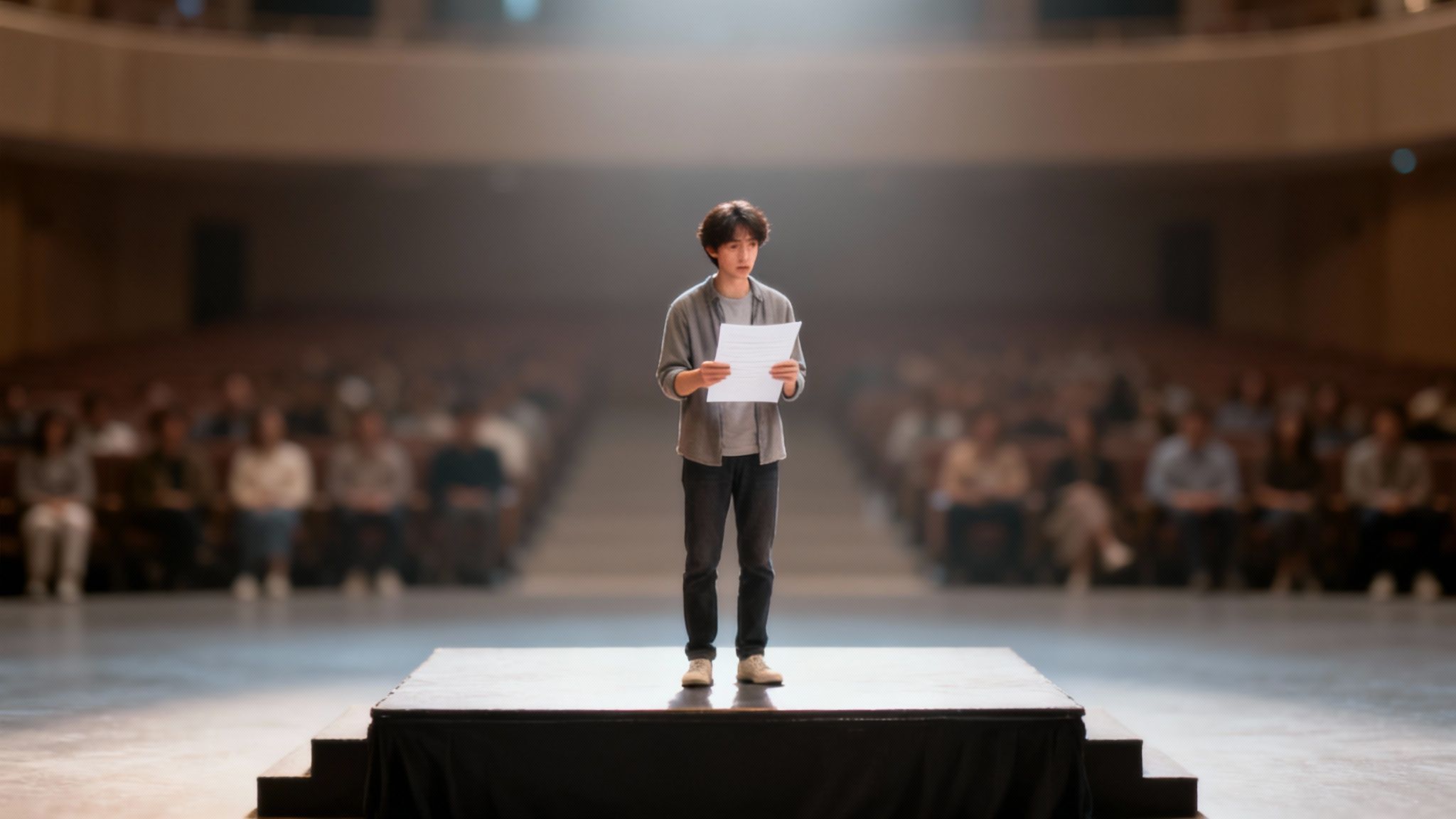 A young man presenting on stage under a spotlight, holding papers, with a blurred audience.