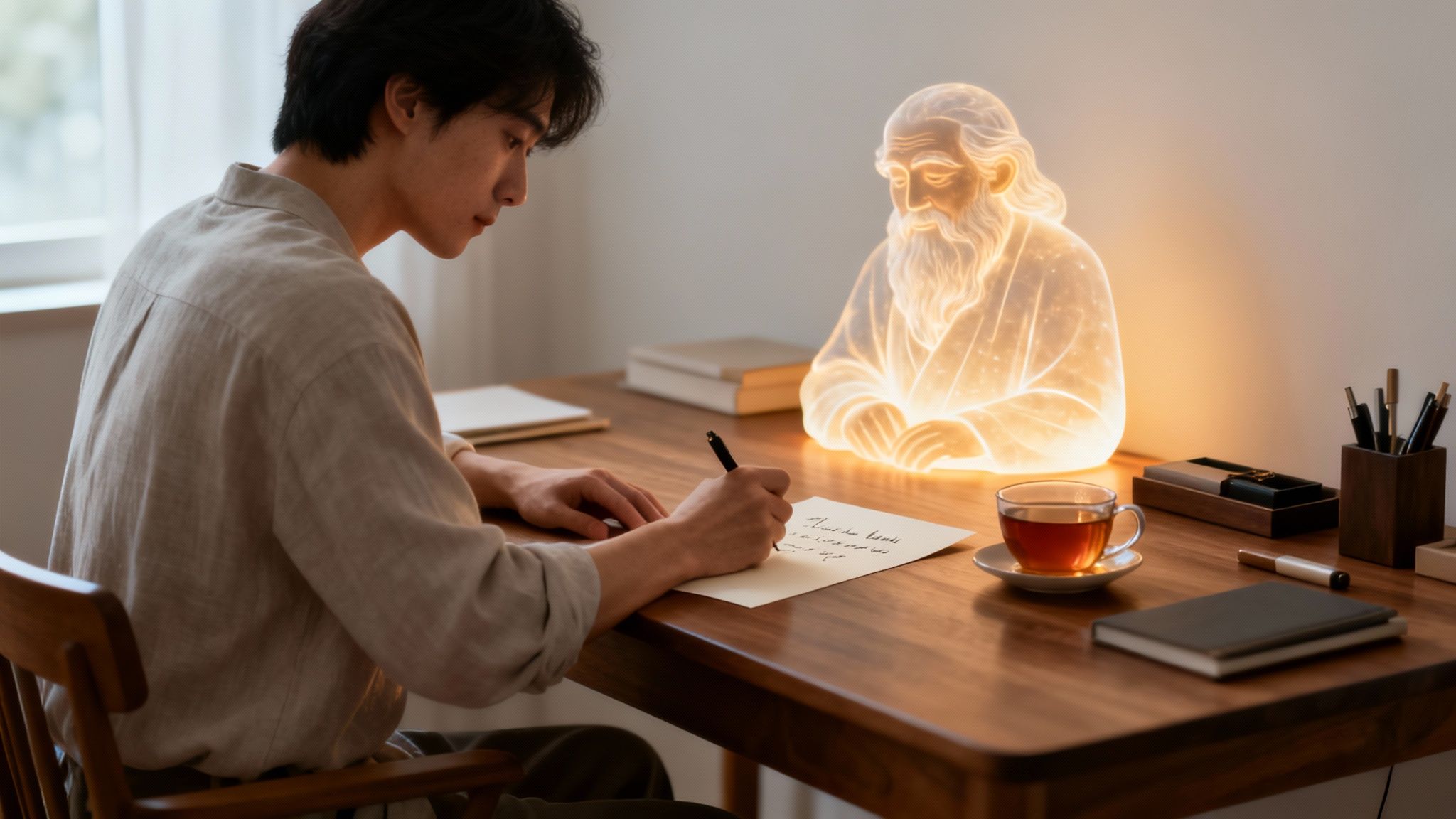 A young man writing at a wooden desk, inspired by a glowing statue and a cup of tea.