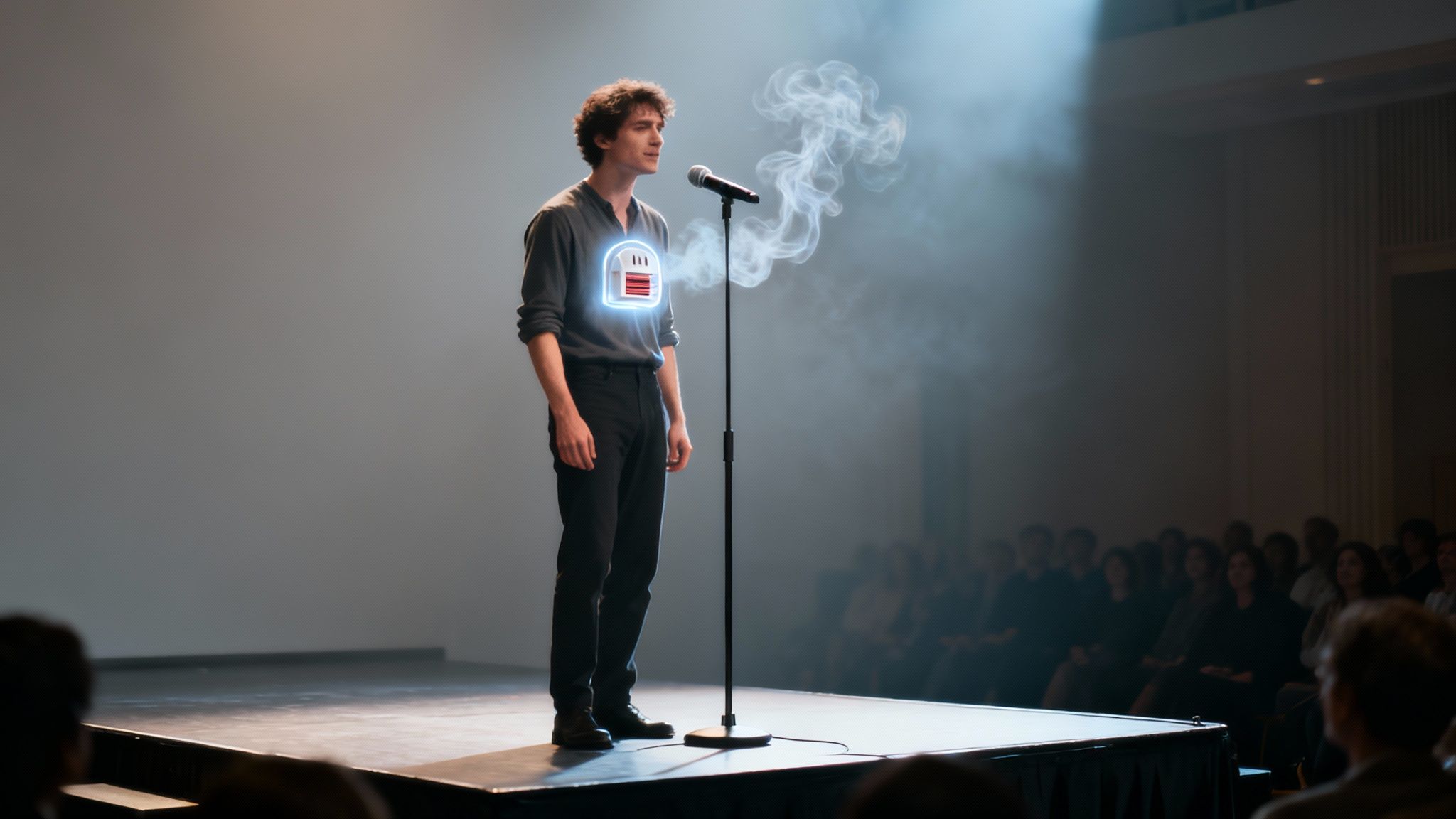 A man on stage with a glowing progress bar on his chest, speaking into a microphone with smoke.