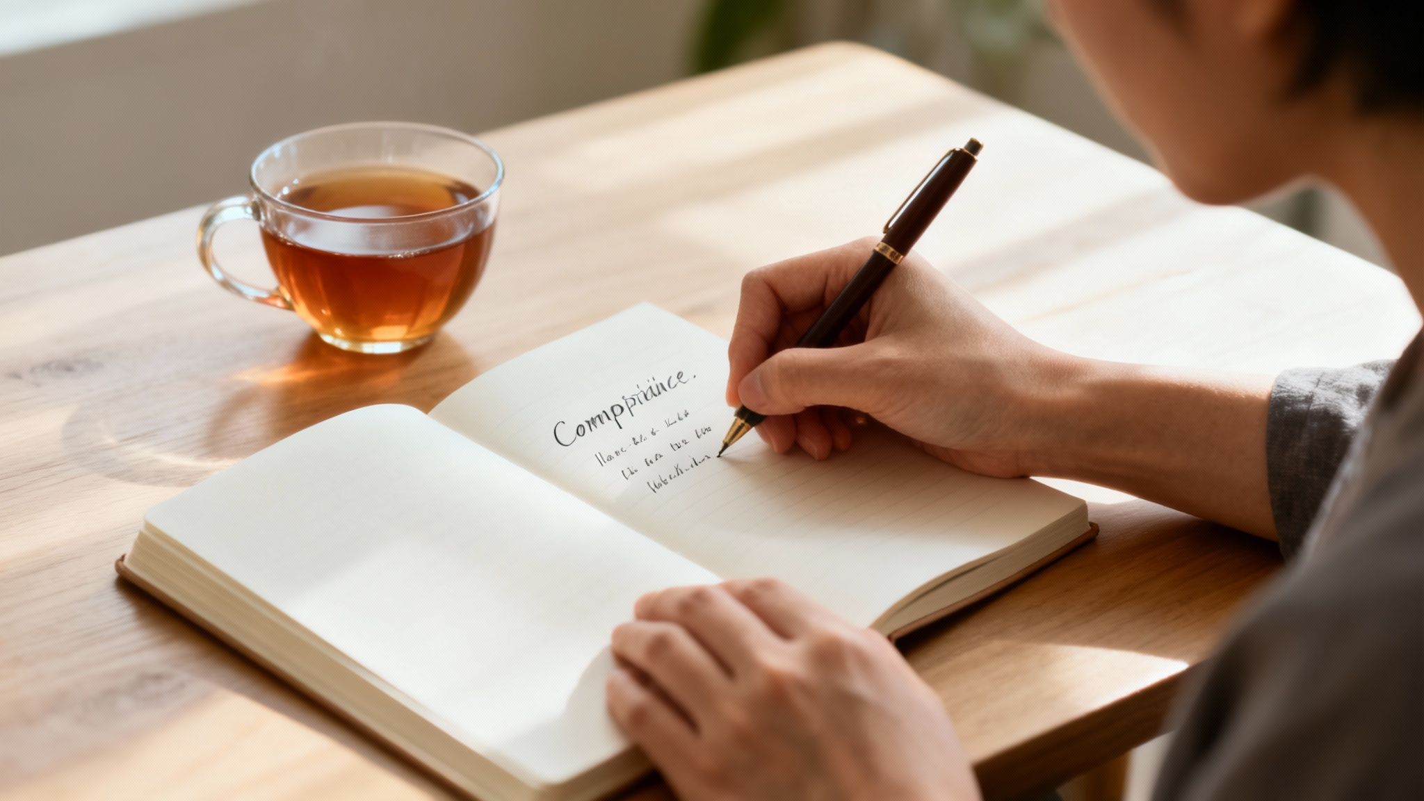 A person writes 'Compliance' and notes in a notebook next to a cup of tea on a desk.