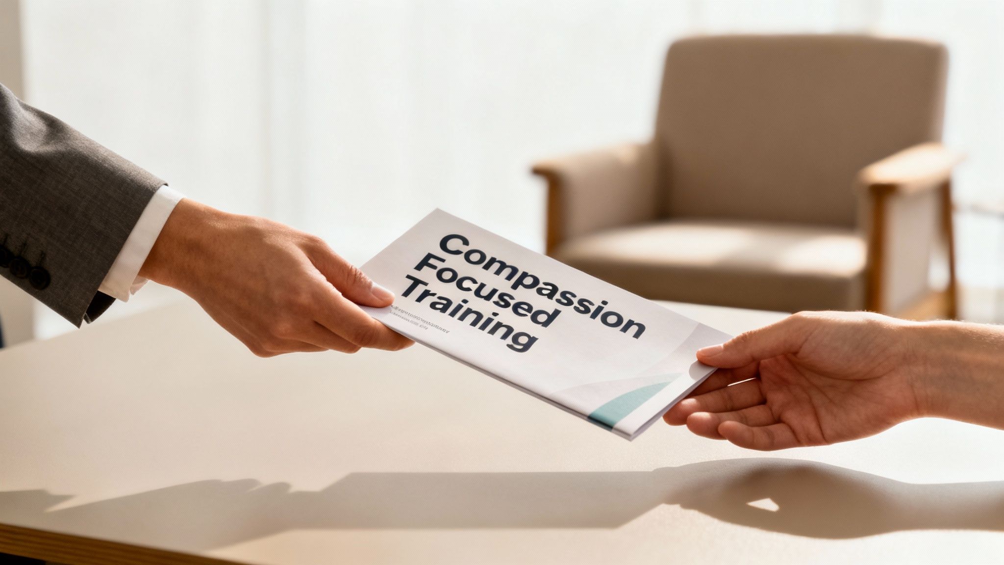 A therapist and client sitting opposite each other in a calm, well-lit room, engaged in a compassionate therapy session.