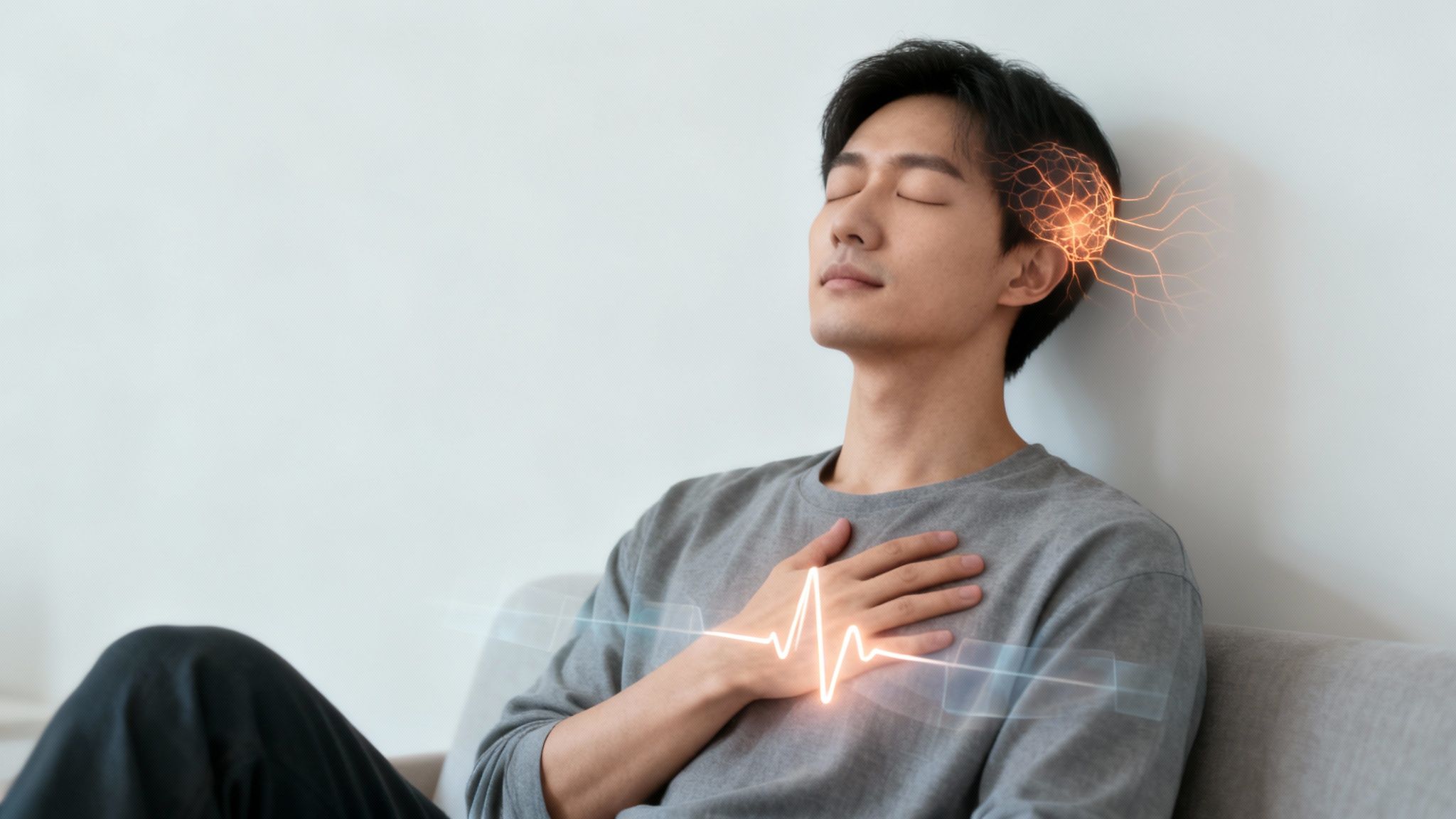 A man meditating with eyes closed, showing glowing brain network and heartbeat line for mindfulness.