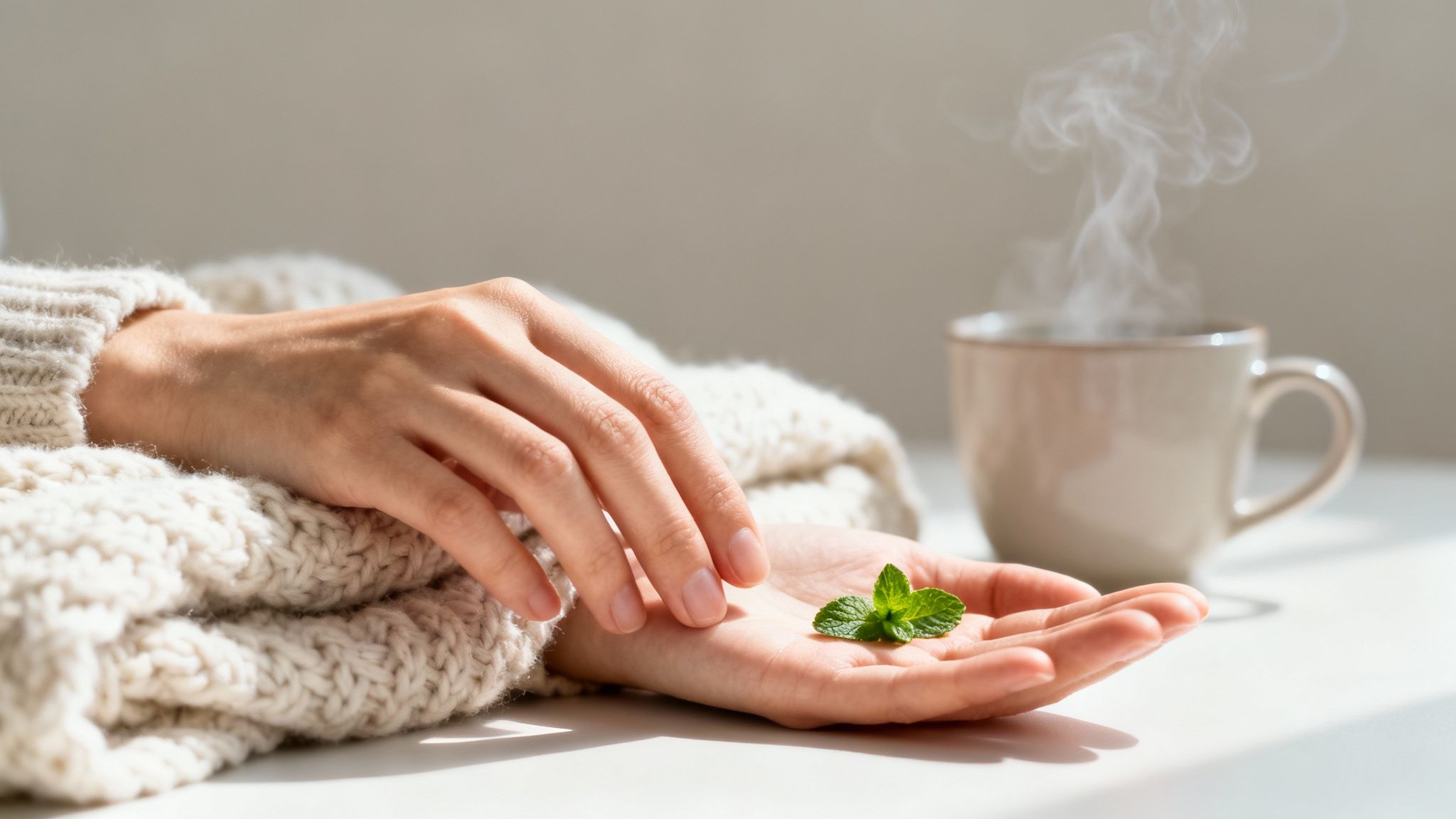 A person's hand gently holds fresh mint leaves, with a cozy sweater and steaming tea.