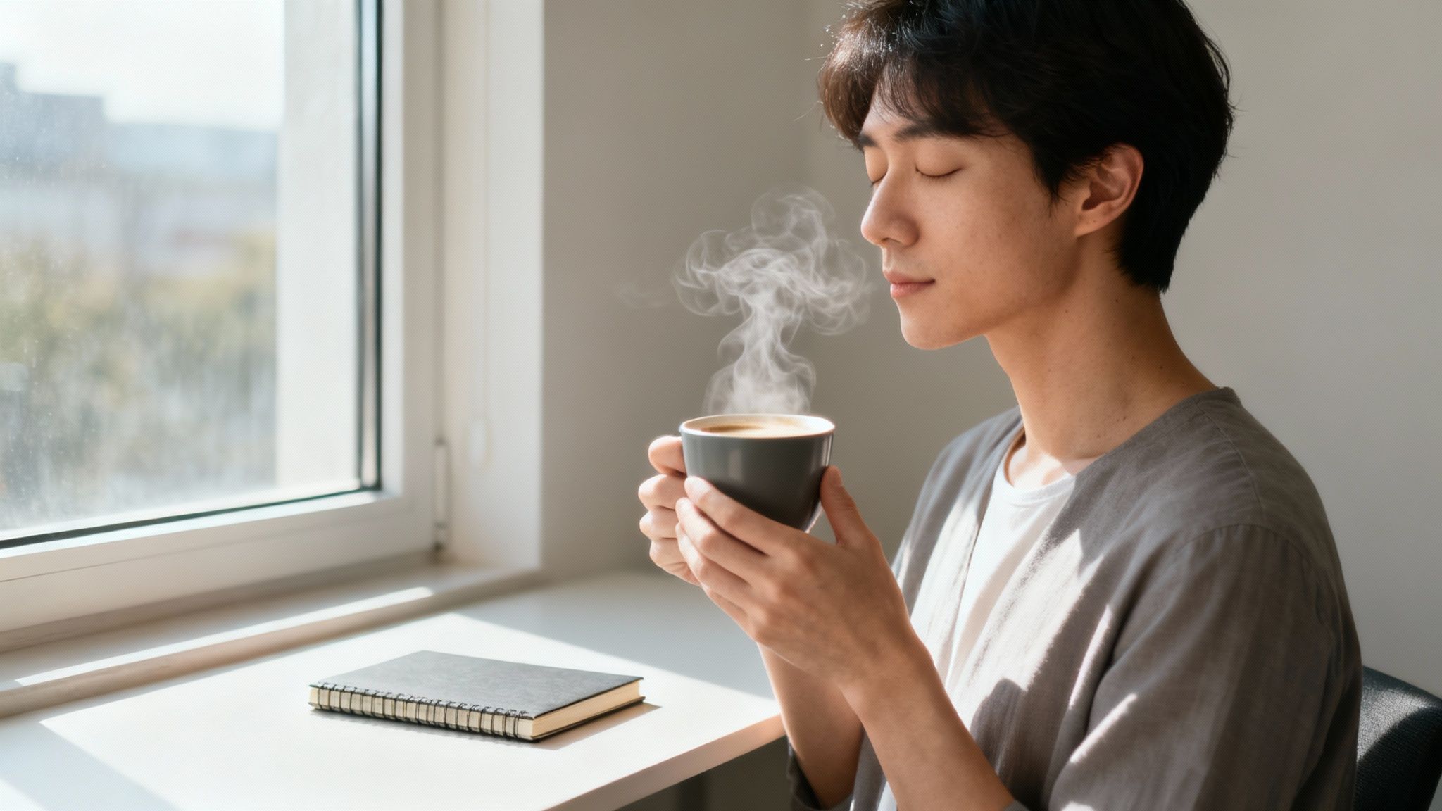 A person taking a mindful coffee break, looking out a window calmly.