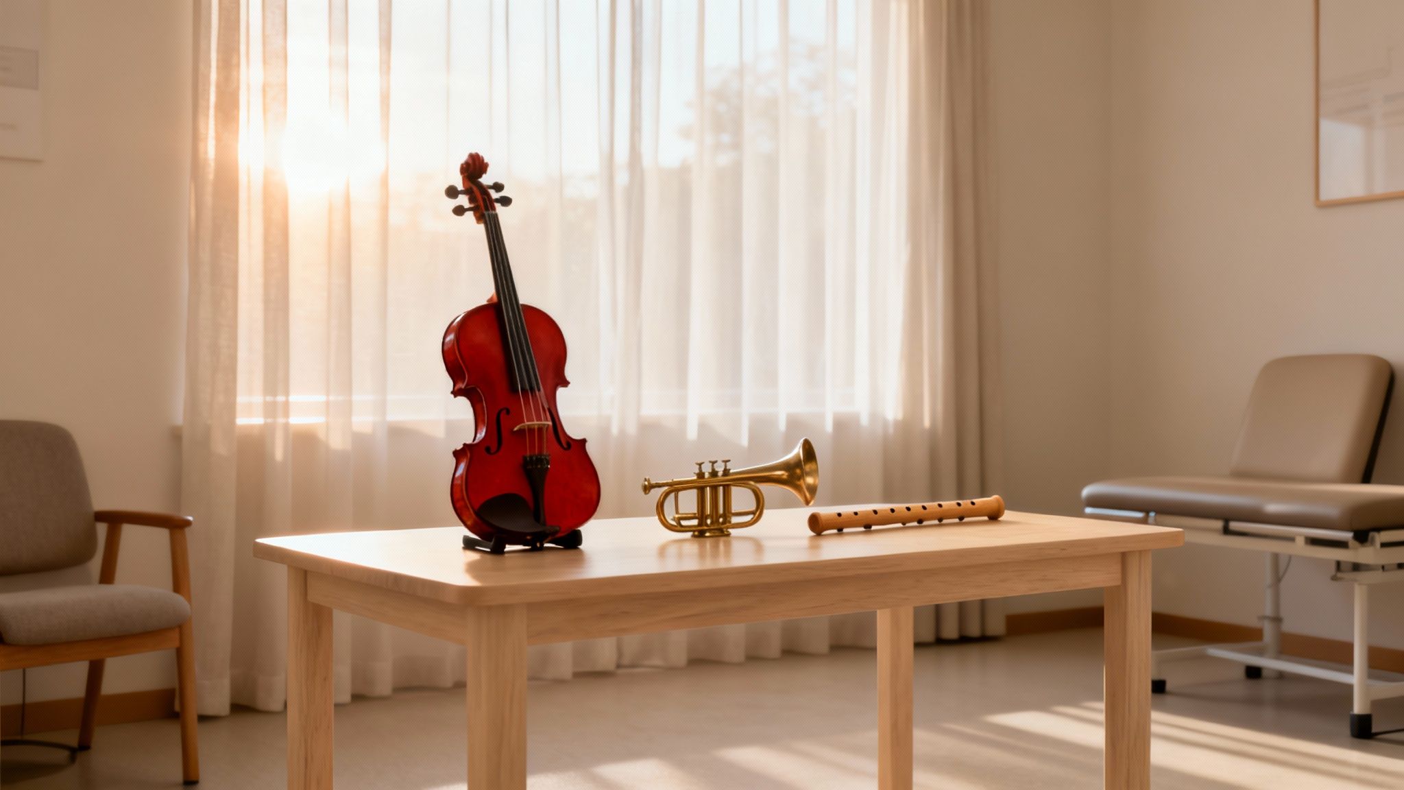 Musical instruments: violin, trumpet, and flute on a wooden table in a bright therapy room.