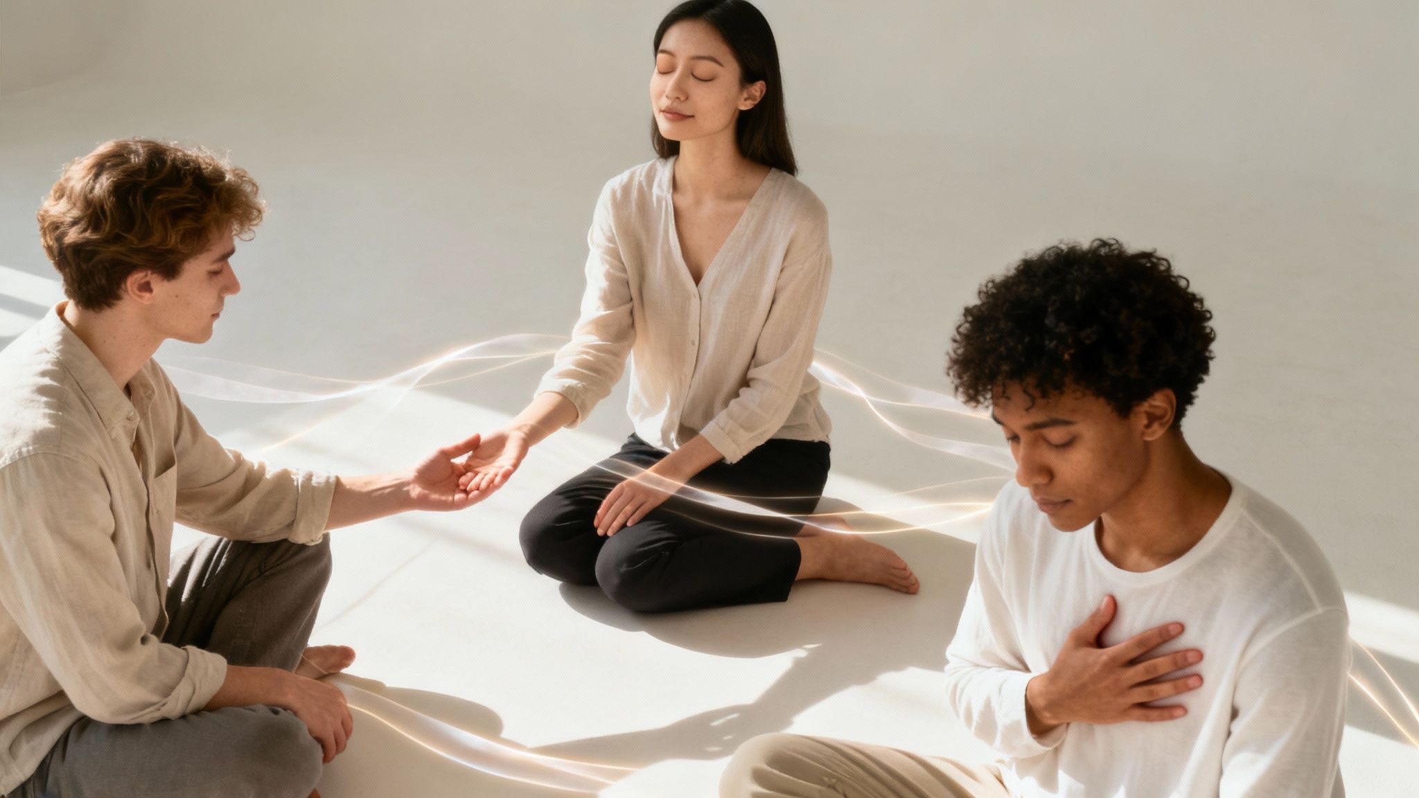 Three diverse young people practicing mindfulness meditation together in peaceful sunlit room with gentle guidance