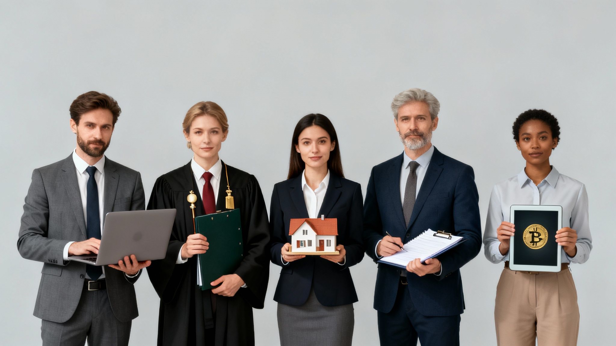 Diverse group of five professionals: lawyer, real estate agent, tech specialist, financial advisor, and crypto expert.