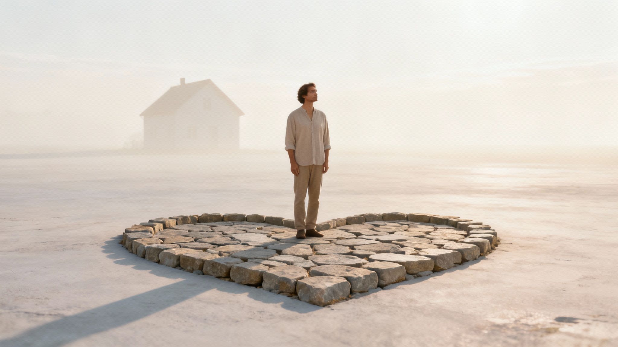 A man stands on a heart-shaped stone platform looking at a distant house in a misty landscape.