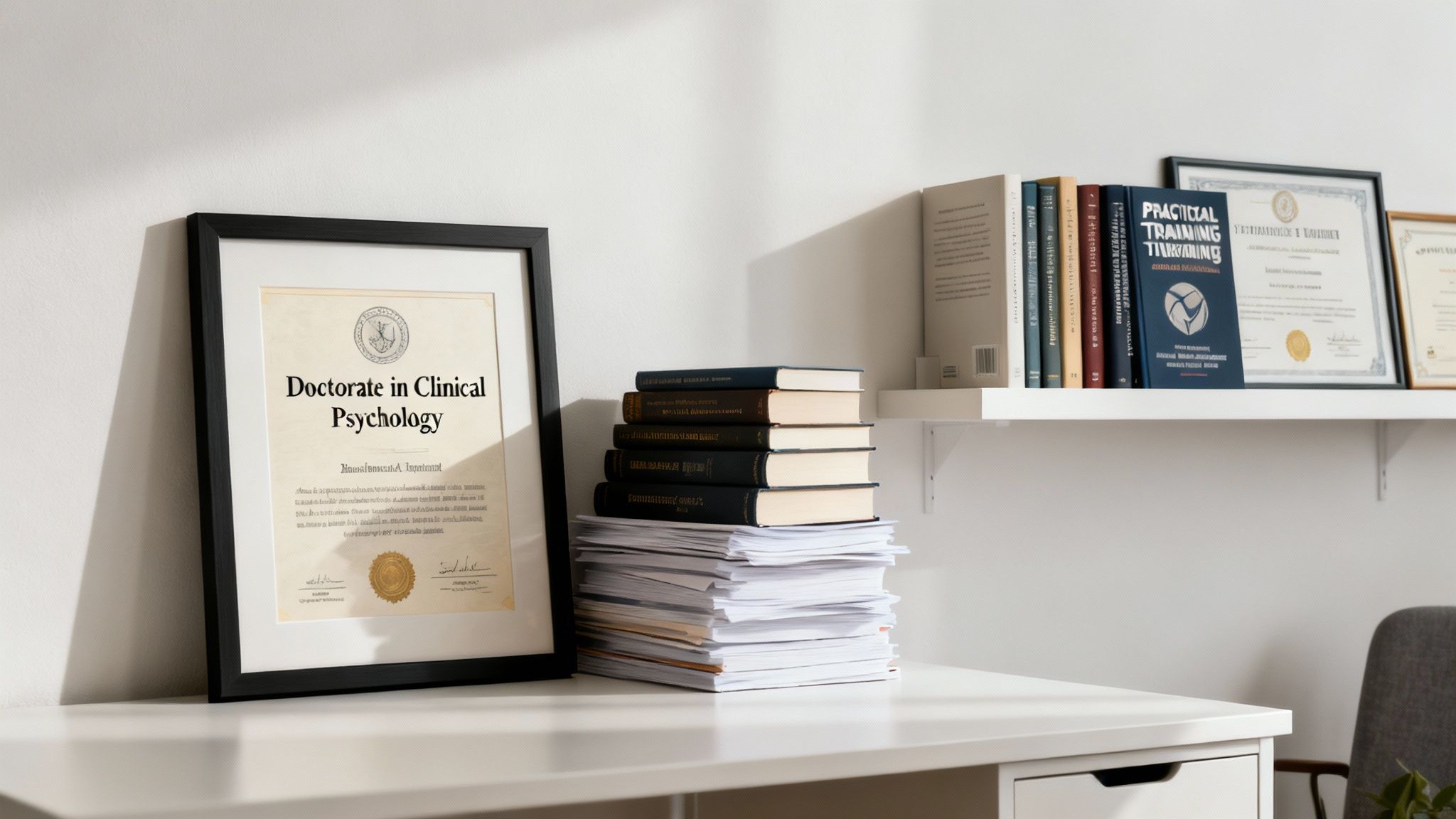 A framed Doctorate in Clinical Psychology diploma leans on a white desk next to stacked books.