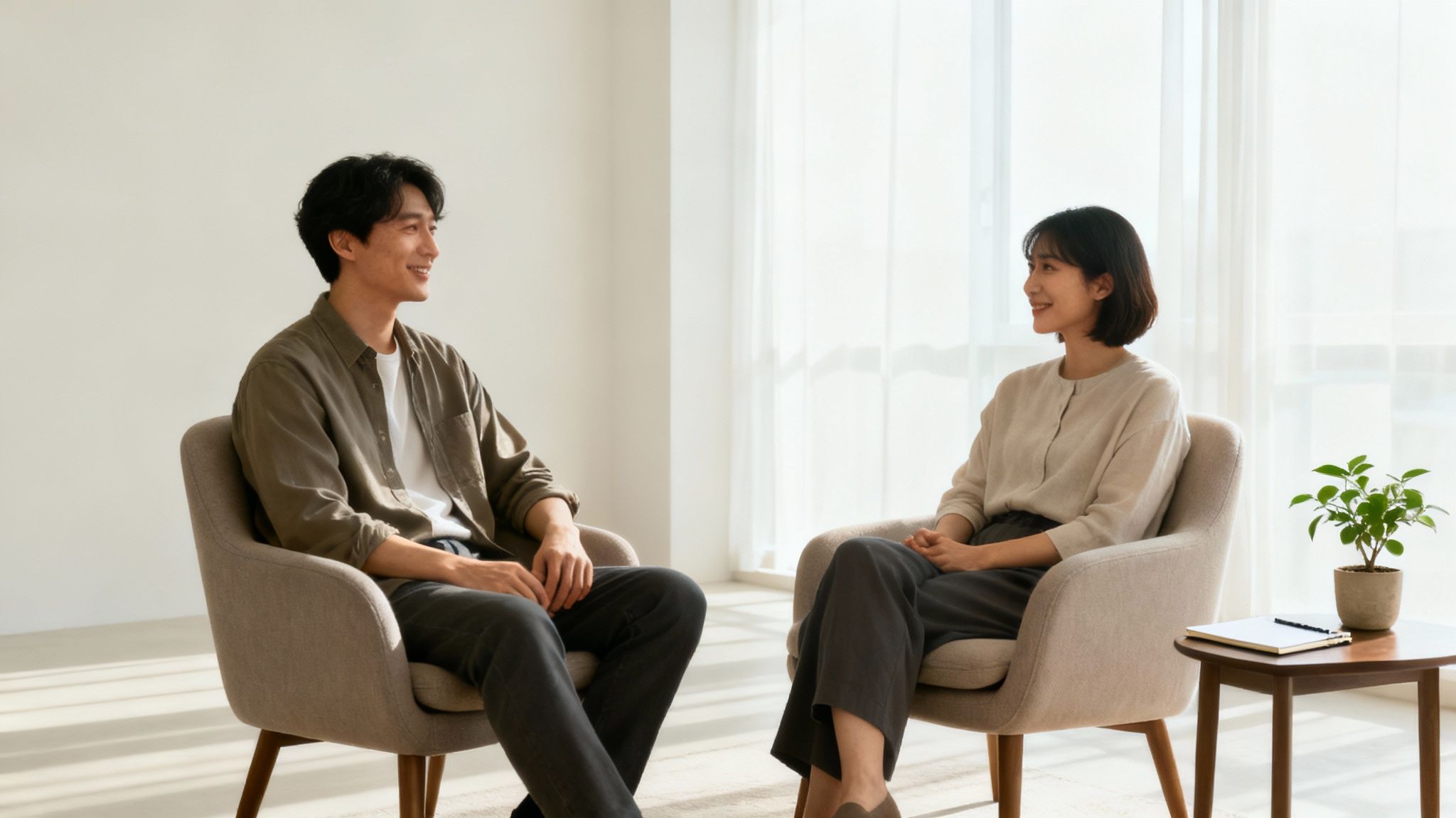 A comfortable therapy room with two armchairs, creating a safe and welcoming atmosphere.