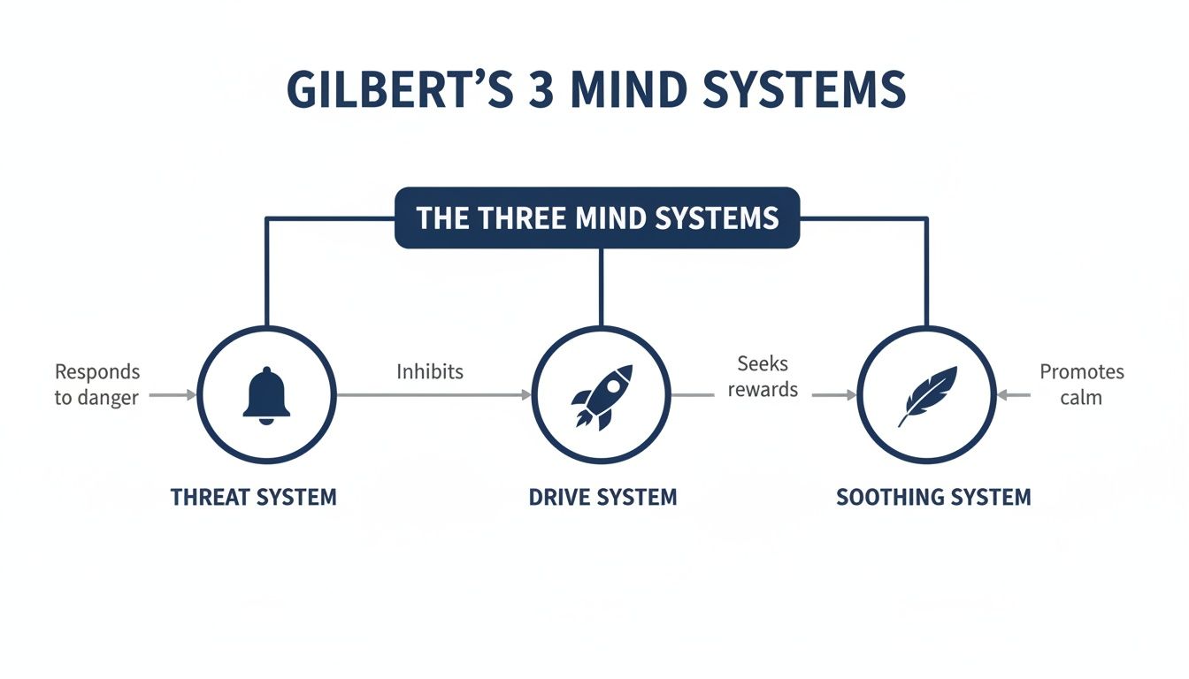 A diagram of Gilbert's three mind systems: Threat, Drive, and Soothing, showing their connections and functions.