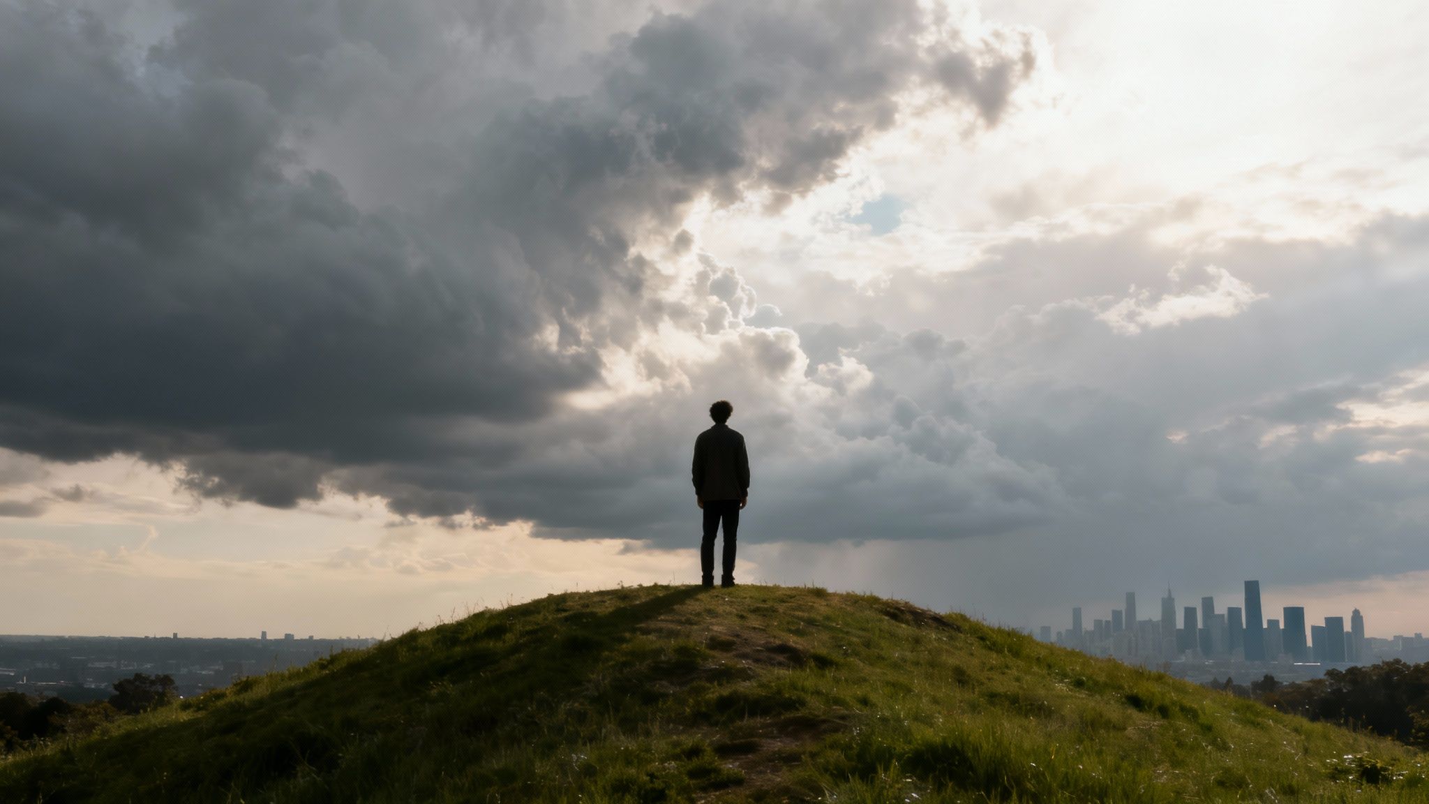A person stands silhouetted on a grassy hill, looking at a distant city skyline under dramatic clouds.
