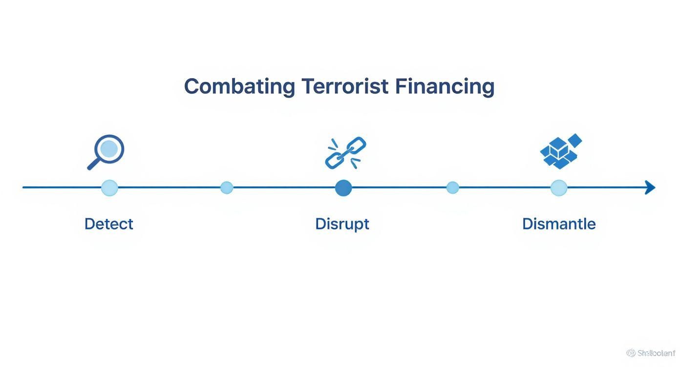 A three-stage process for combating terrorist financing: Detect, Disrupt, Dismantle, with icons.