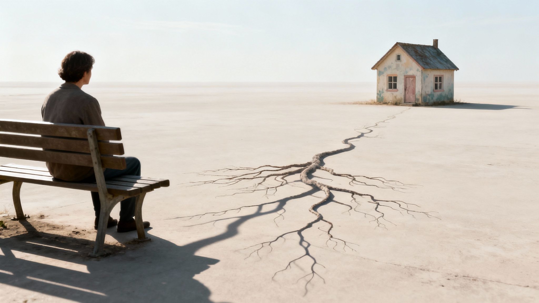 A man on a bench observes a cracked, desolate landscape leading to a distant house.