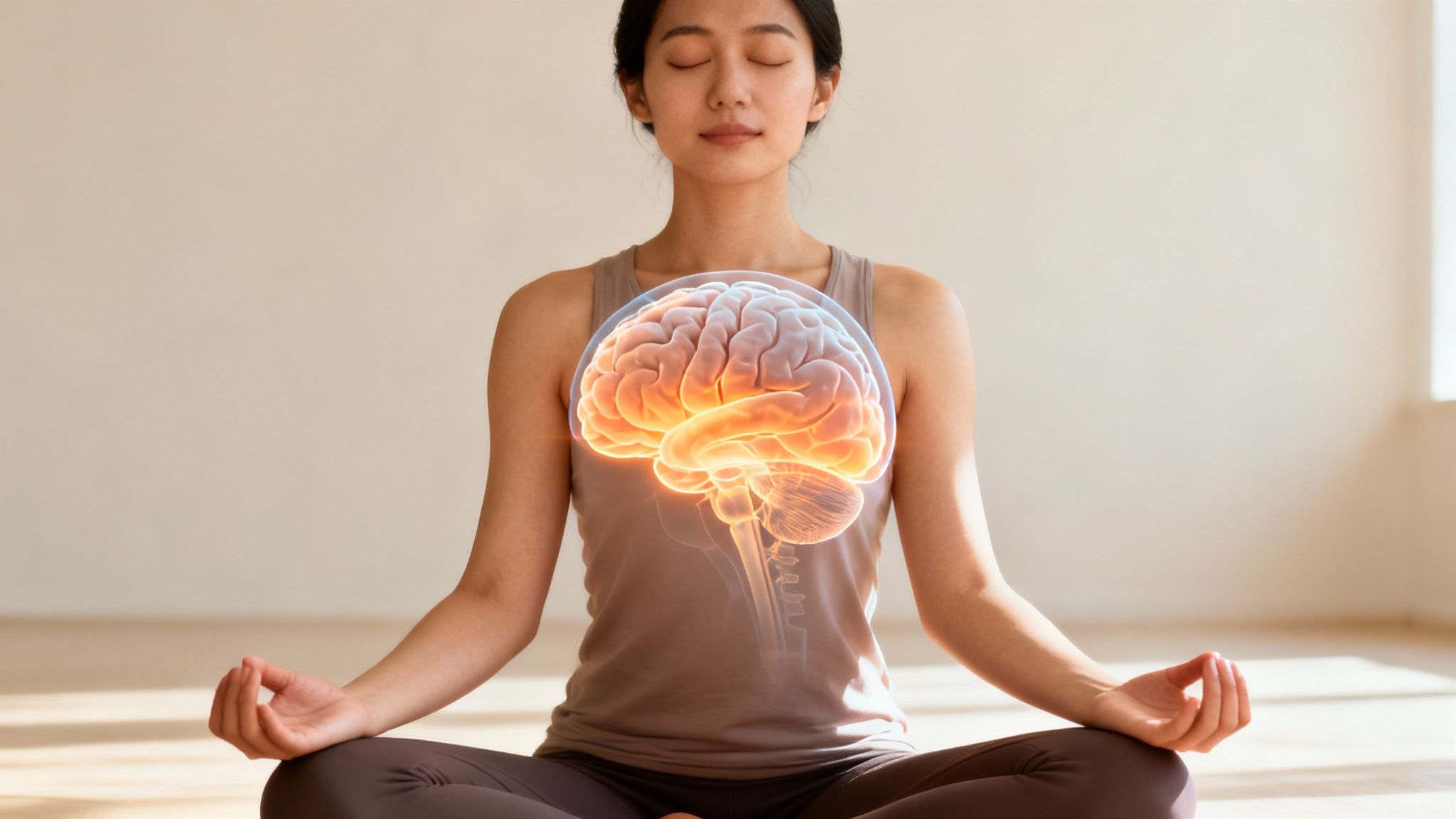 A woman meditating in lotus pose, with a glowing brain image superimposed on her chest.