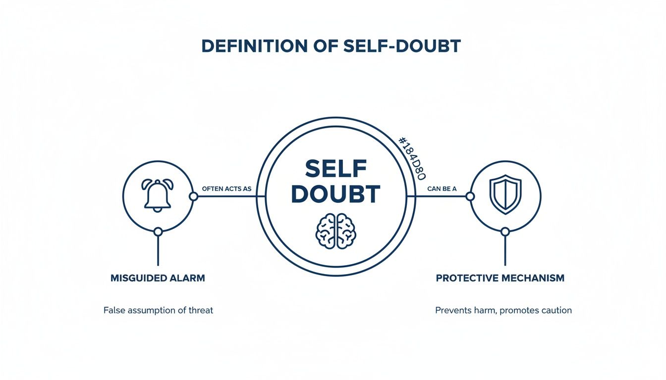 Infographic defining self-doubt as both a misguided alarm and a protective mechanism, illustrating its dual nature.