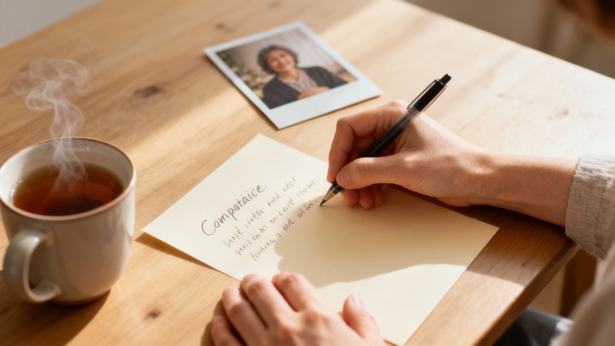 A person sitting peacefully with a journal, representing compassionate letter writing.
