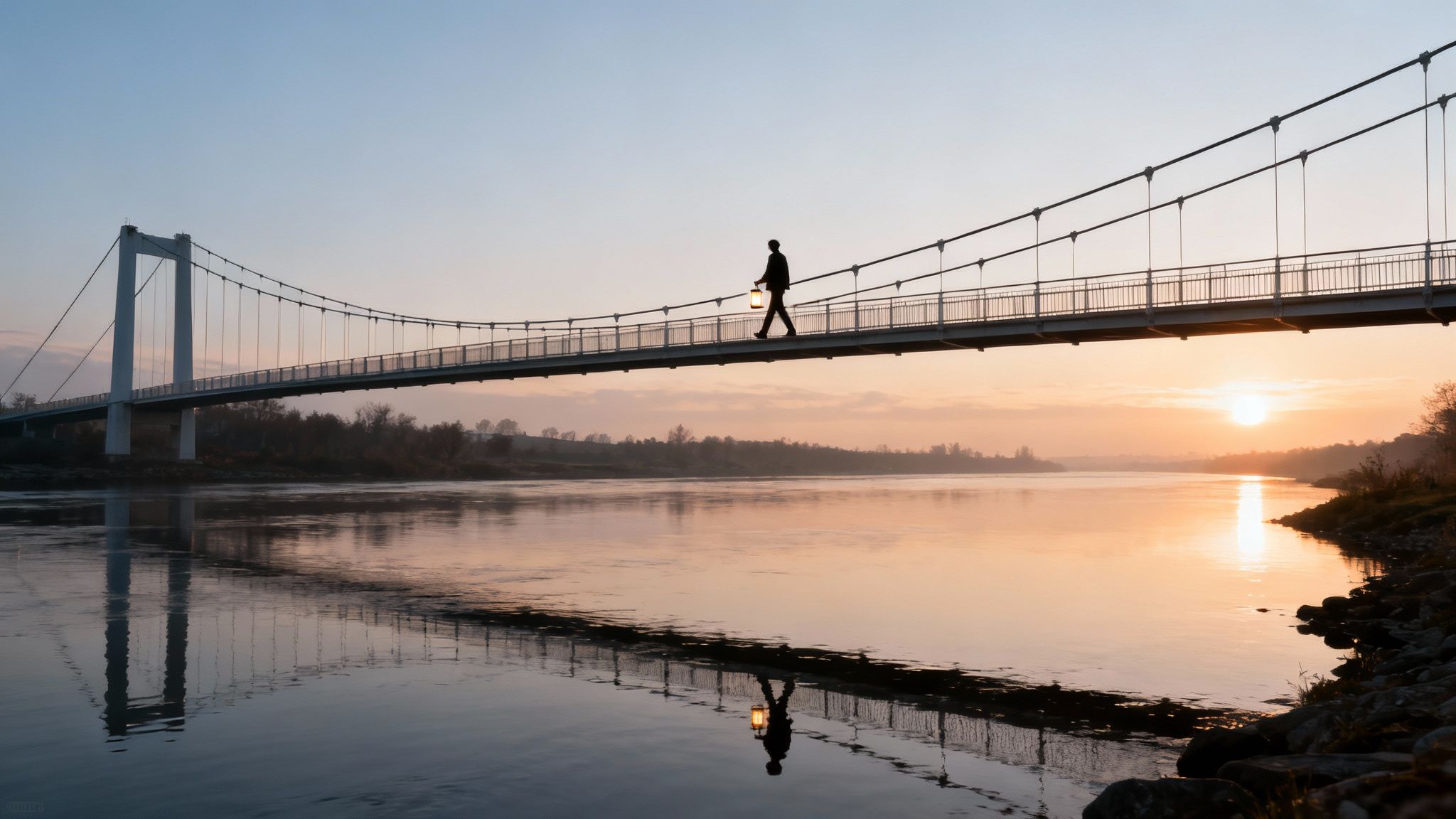 Silhouette of a person with a glowing lantern walking on a bridge over a river at sunrise.
