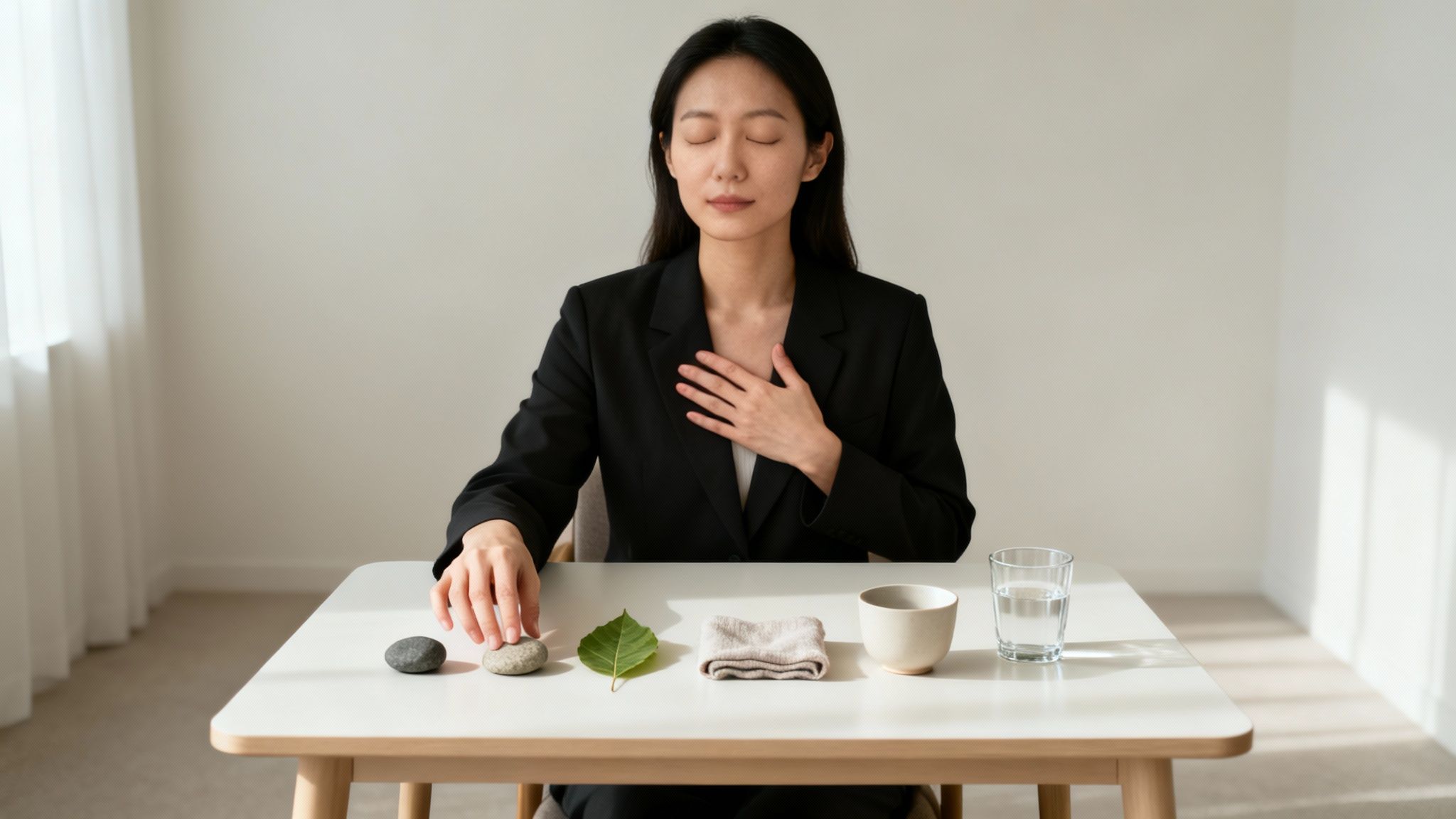 A woman meditates with her hand on her chest, surrounded by natural items for mindfulness.