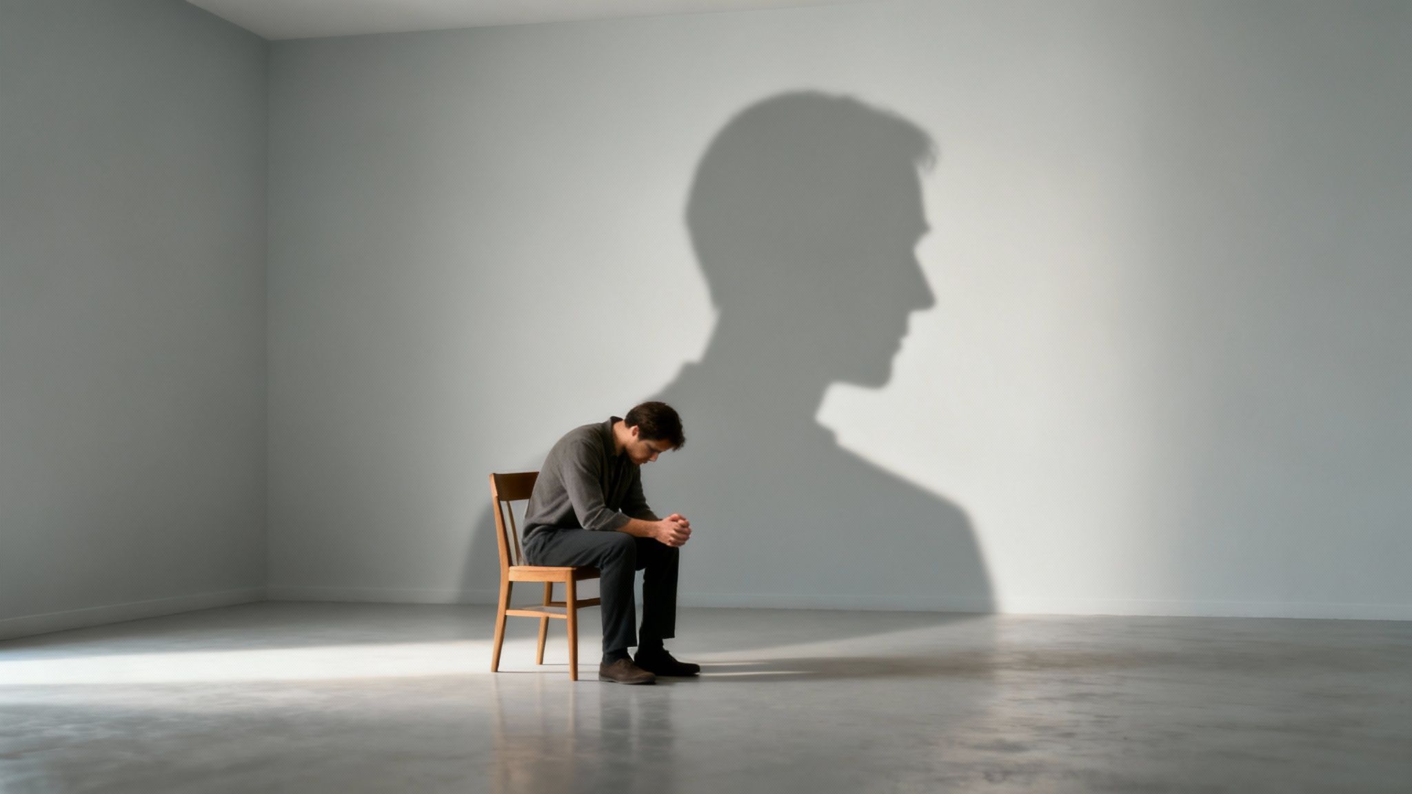 A man sits sadly on a chair with a large shadow of a different, confident male profile behind him.