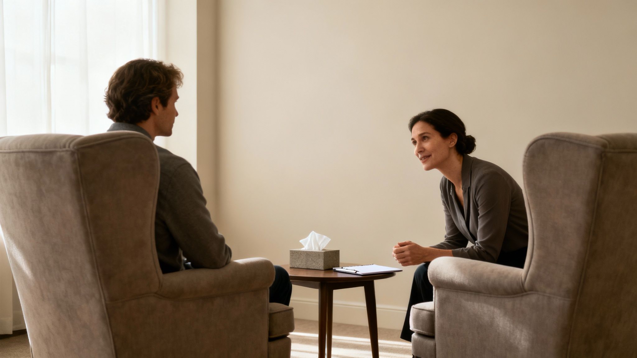 A female therapist smiles, listening attentively to a male client in a therapy session.