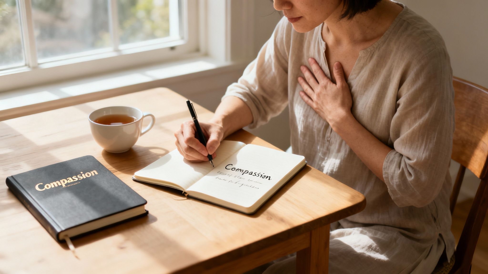A person writing 'Compassion' in a journal while holding their hand to their chest, with a cup of tea nearby.
