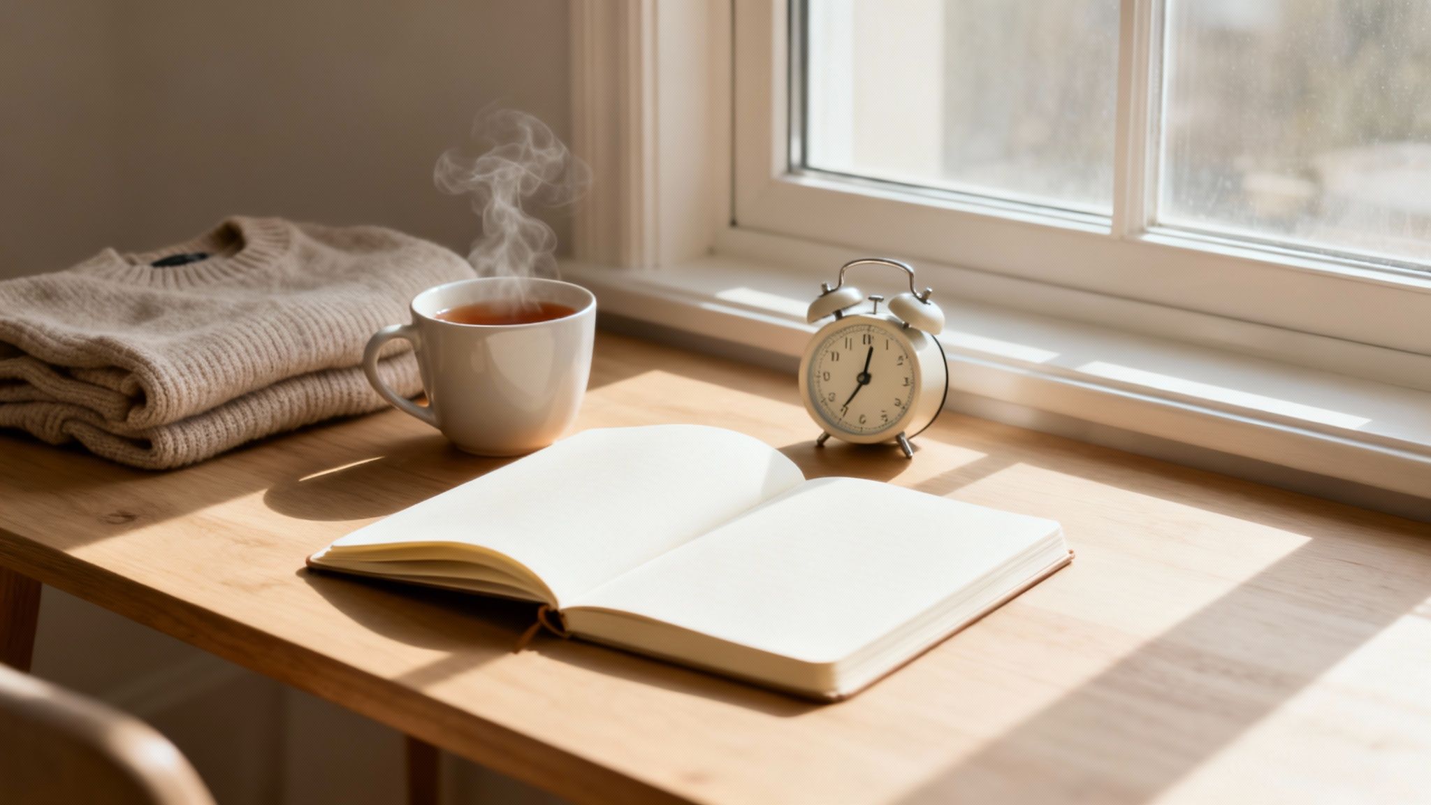 A warm morning scene with hot tea, an open journal, and an alarm clock on a sunlit table.