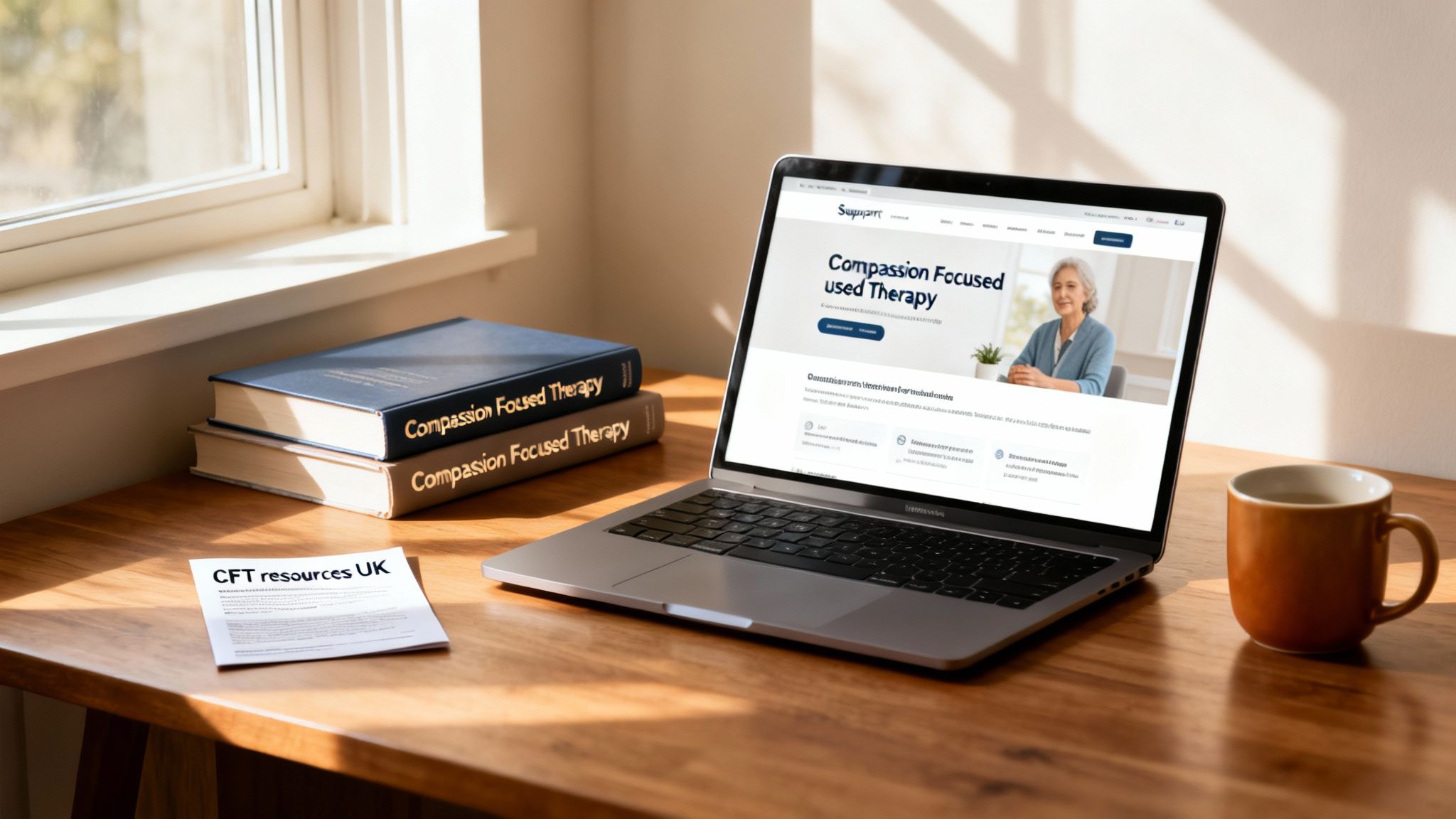 A laptop on a wooden desk displays a website about Compassion Focused Therapy, with books and a mug nearby.