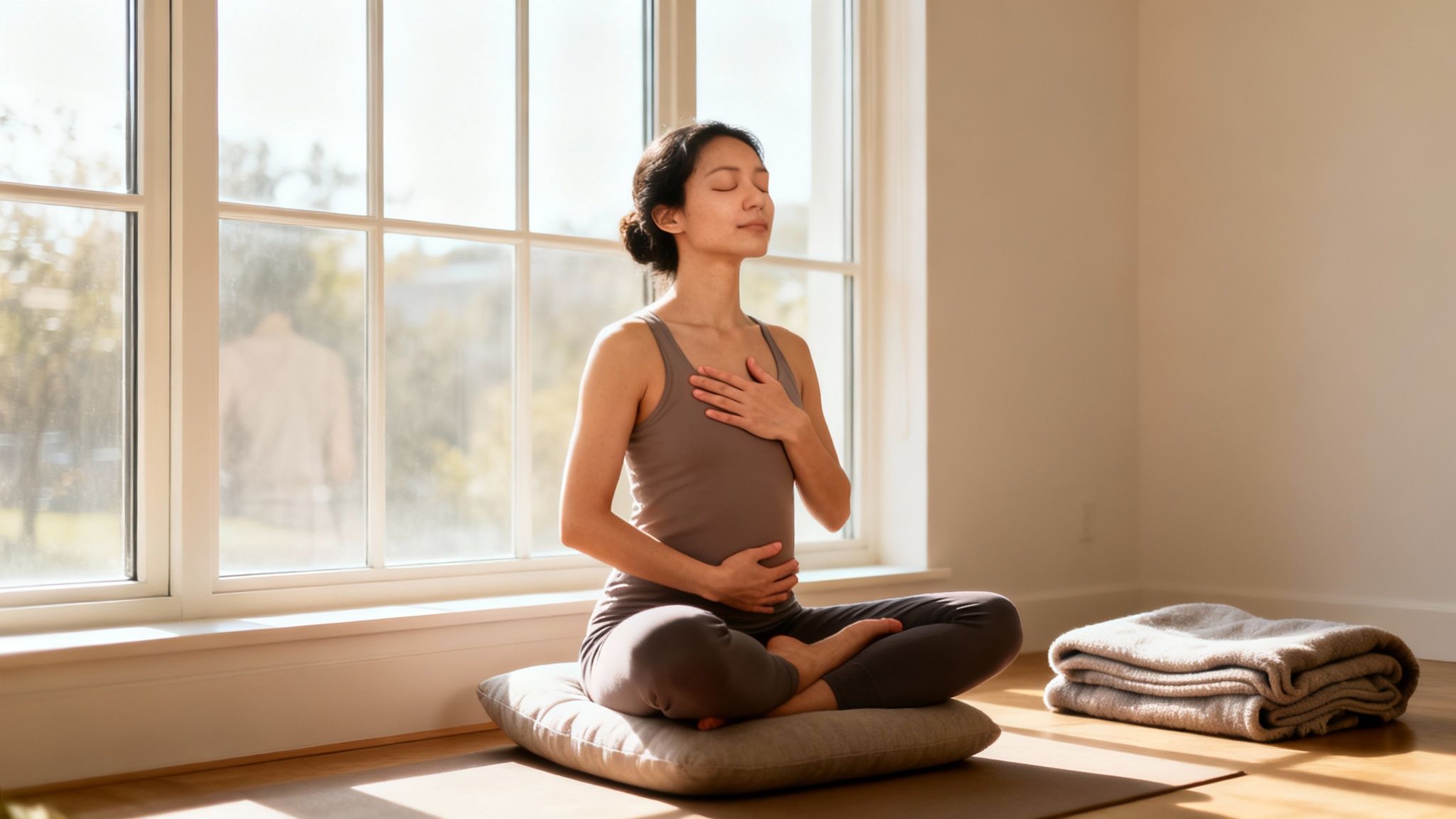 A serene woman meditates in a bright room, sitting on a cushion with eyes closed.