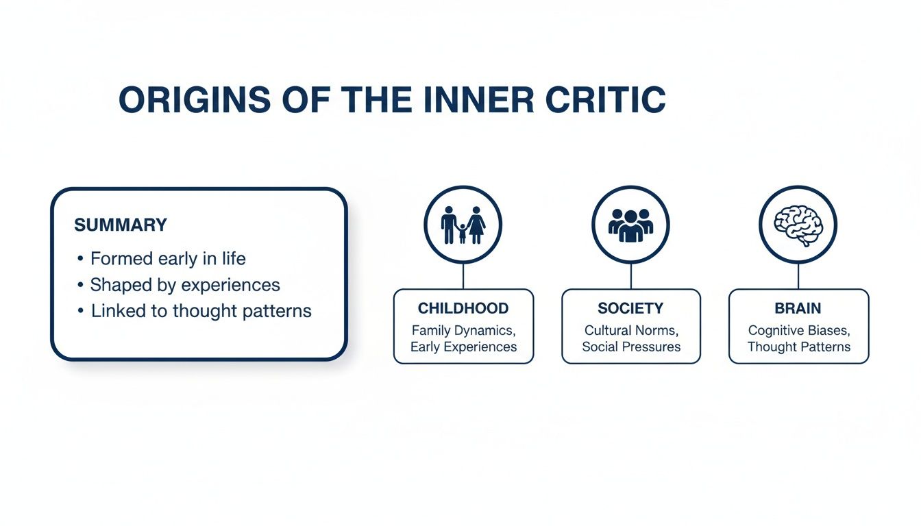 An infographic illustrating the origins of the inner critic, categorized by childhood, society, and brain factors.