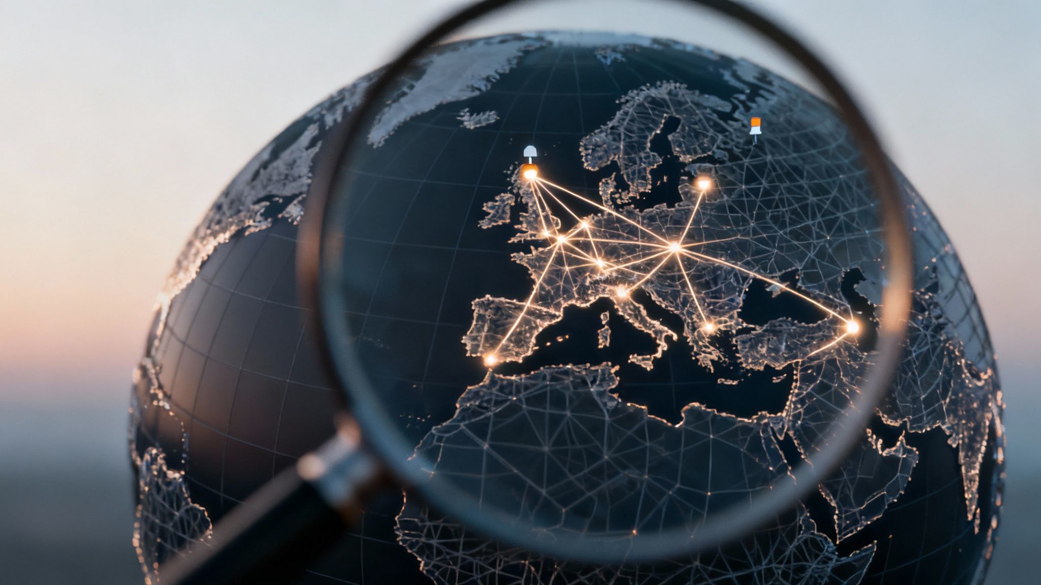 A magnifying glass focuses on a glowing digital network across Europe on a dark globe.
