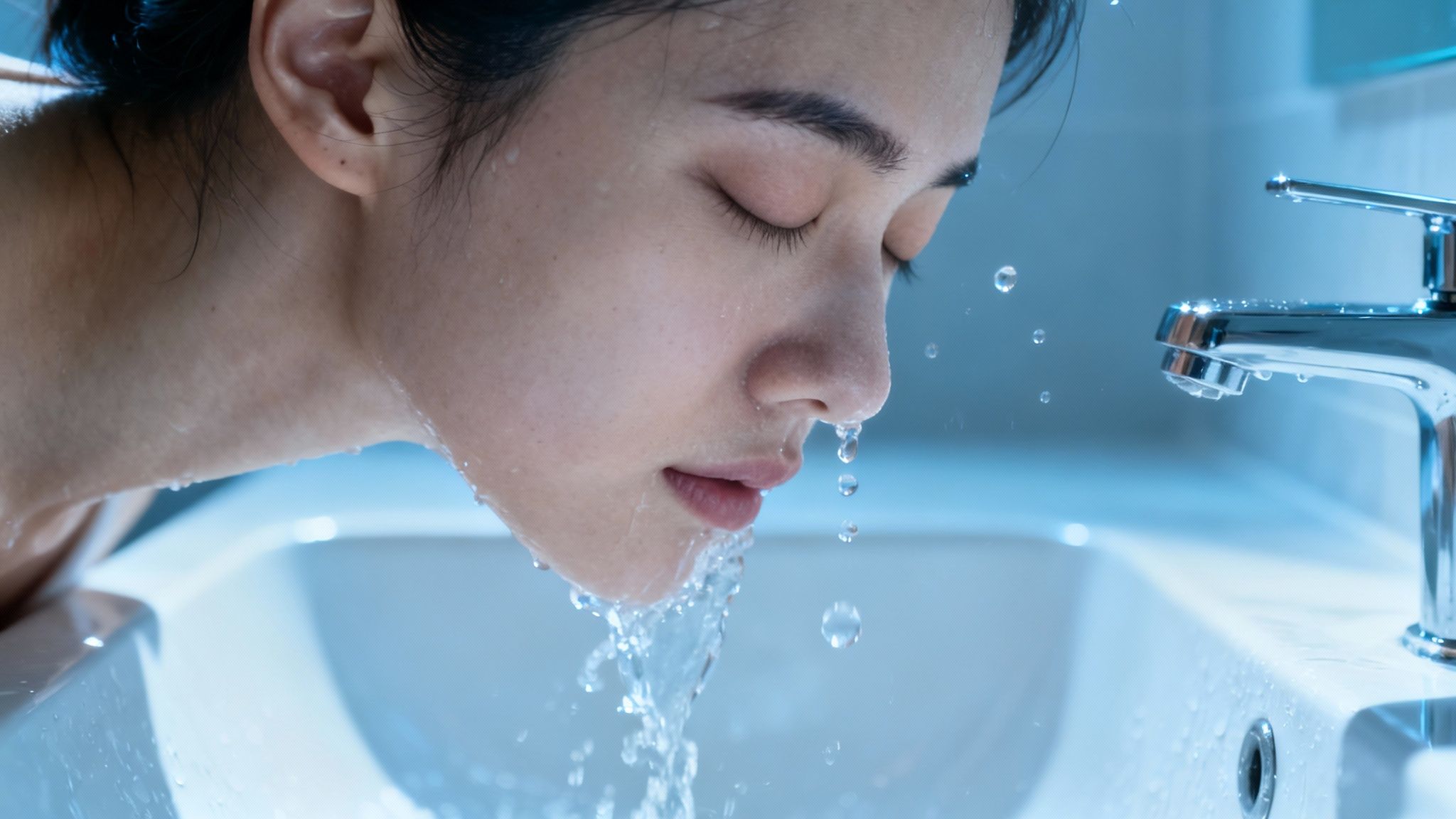 Woman washing face with fresh water at bathroom sink for calming self-care routine