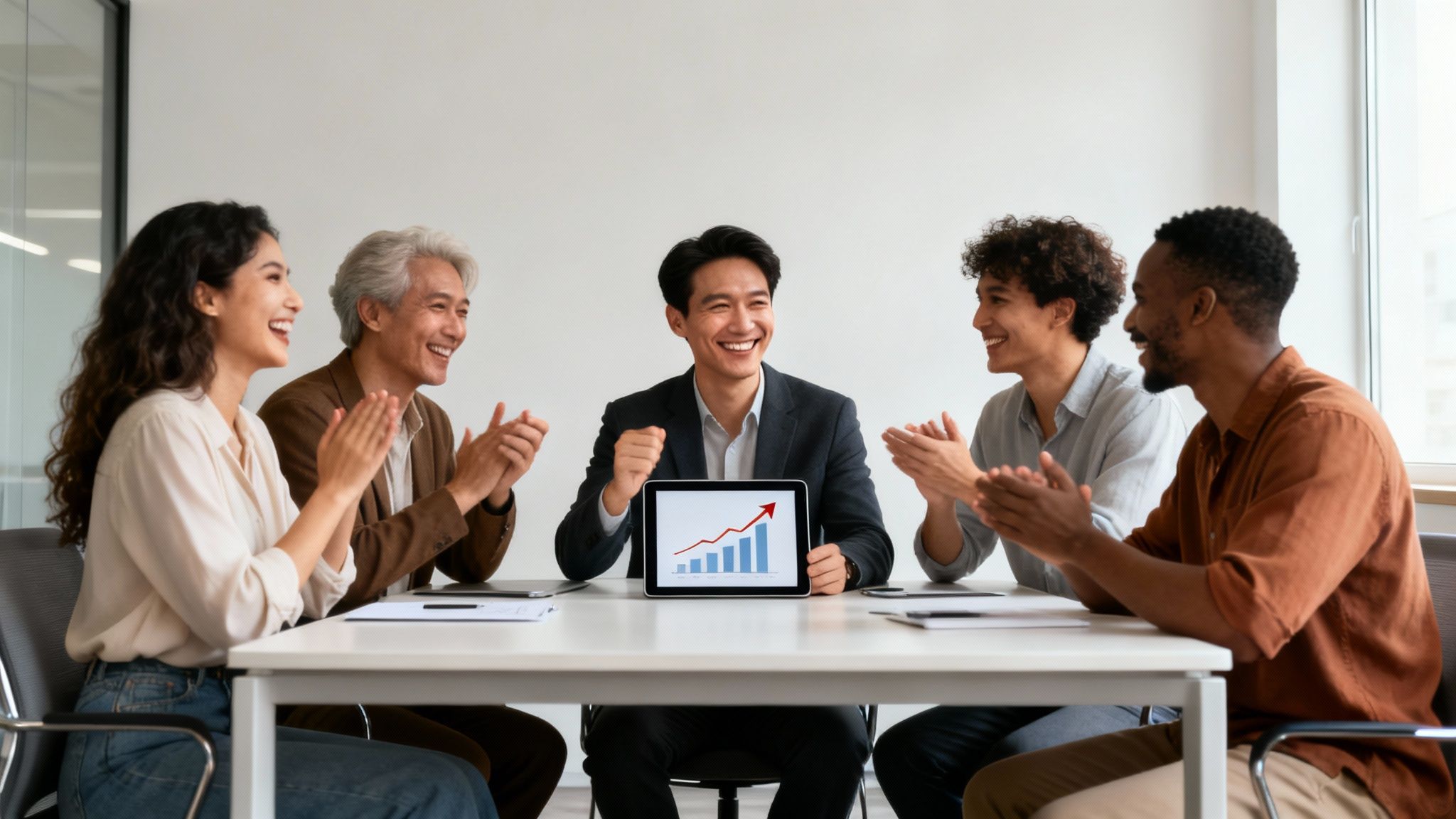 Diverse business team applauding in a meeting, celebrating success with a growth chart on a tablet.