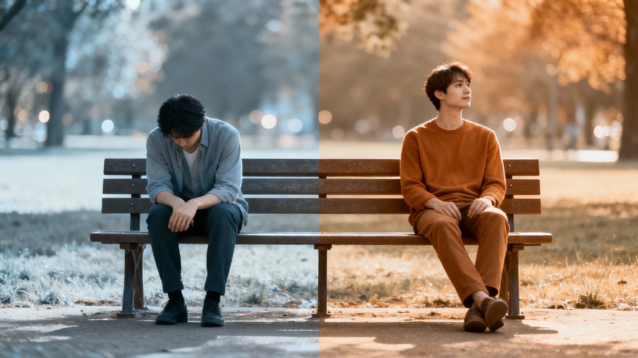 A split image of a man on a park bench, showing sad, cold tones on the left and hopeful, warm tones on the right.