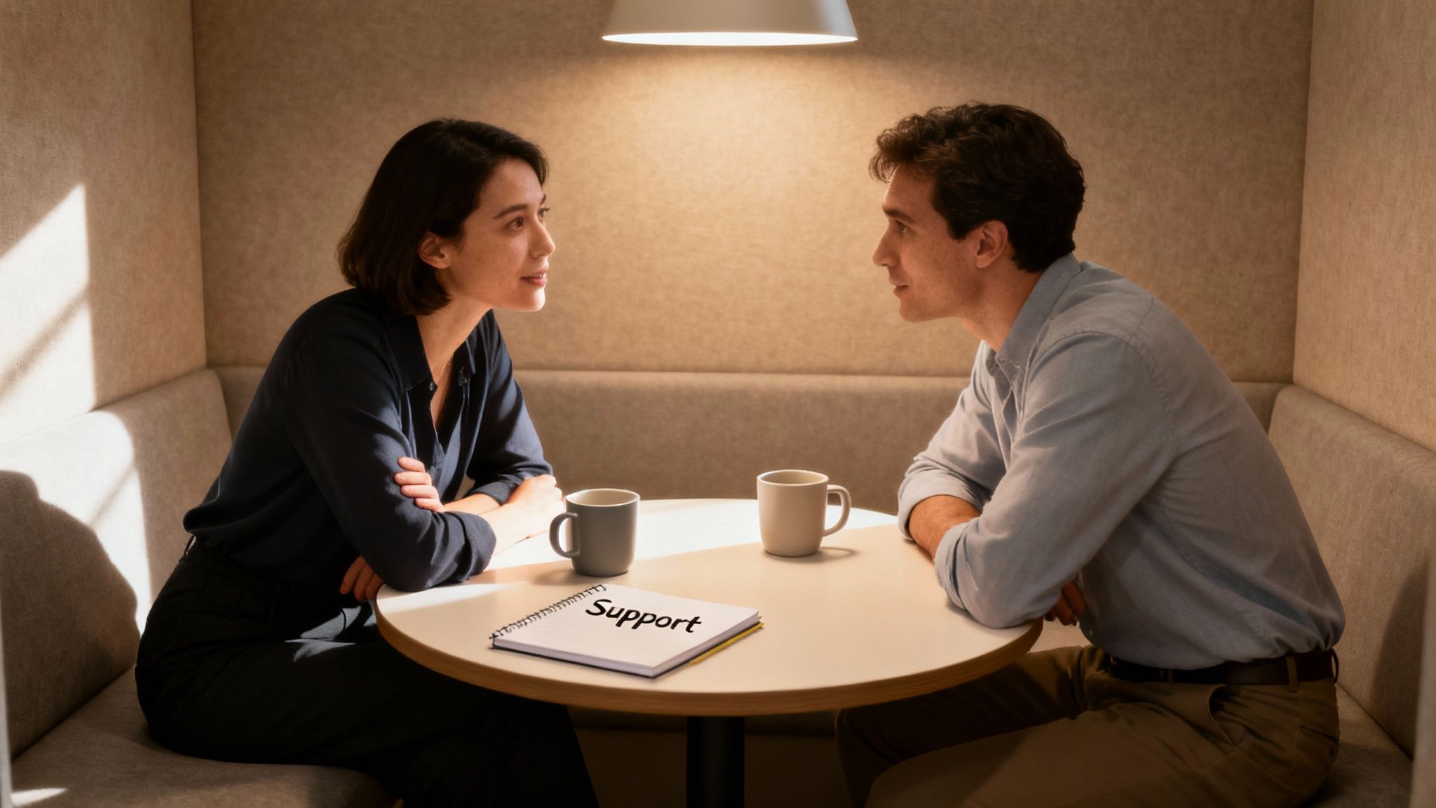 A diverse group of colleagues collaborating and supporting each other in a modern office.