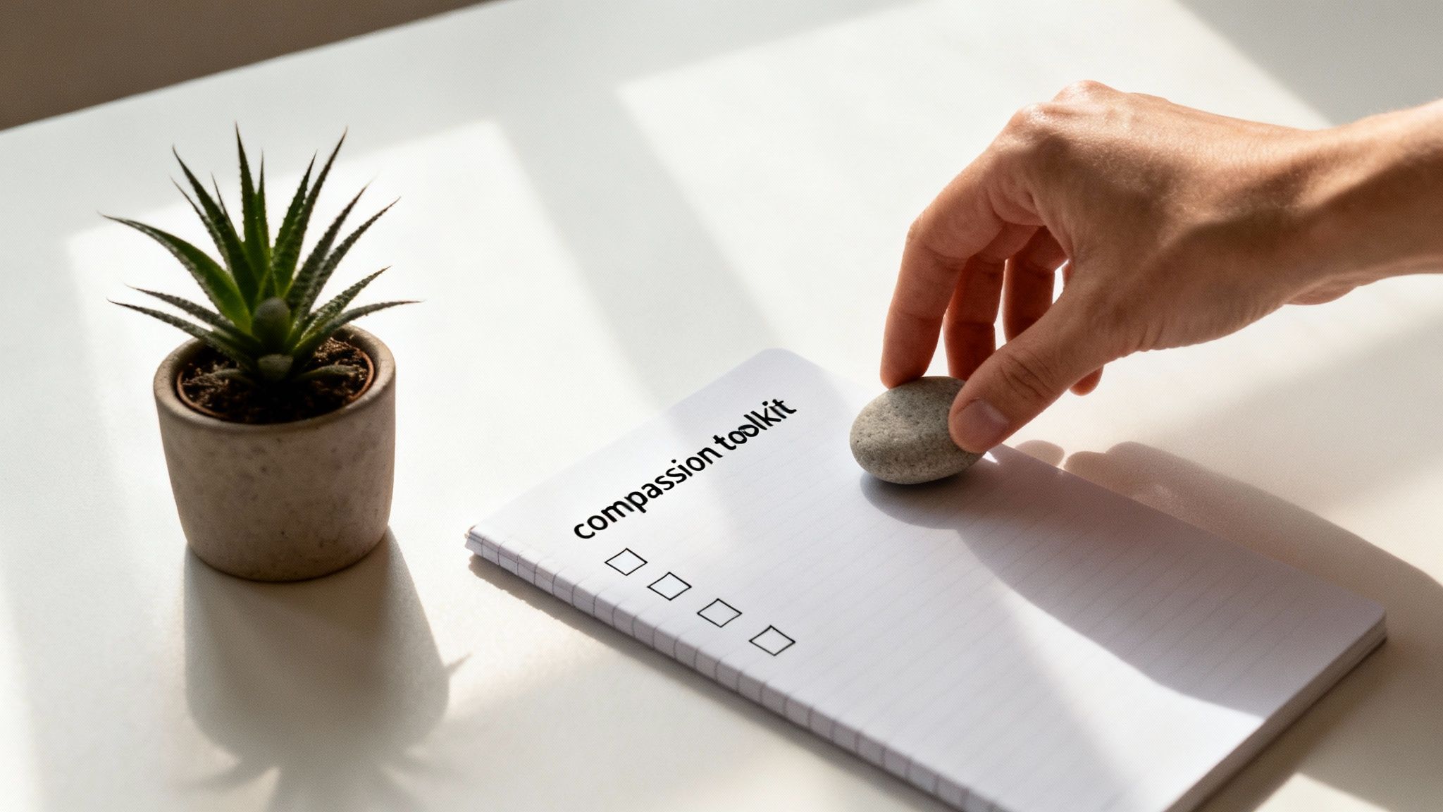A hand places a smooth stone on a notebook titled 'compassion toolkit' with checkboxes, next to a small succulent.