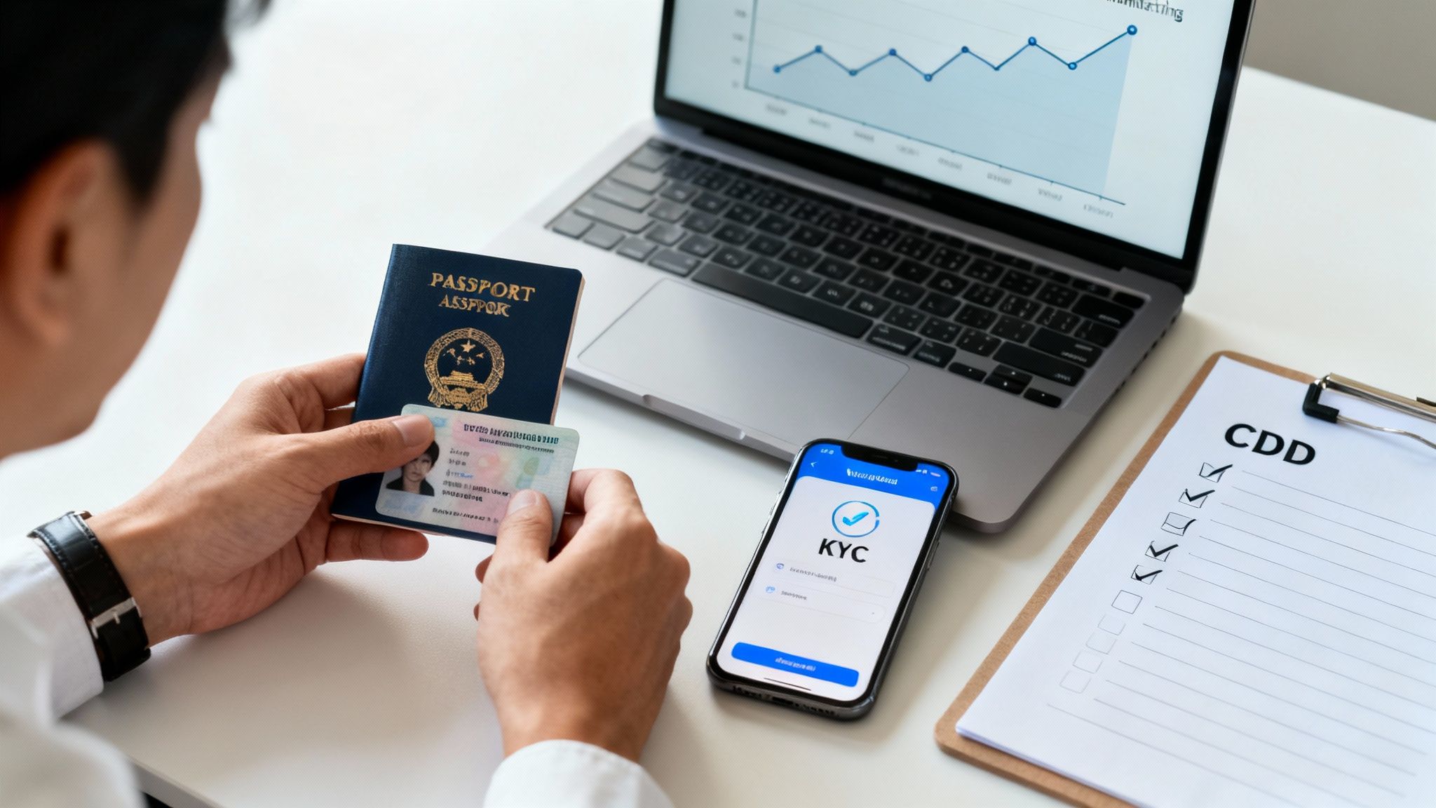 Man verifying identity with passport, ID card, KYC app on phone, and CDD checklist.