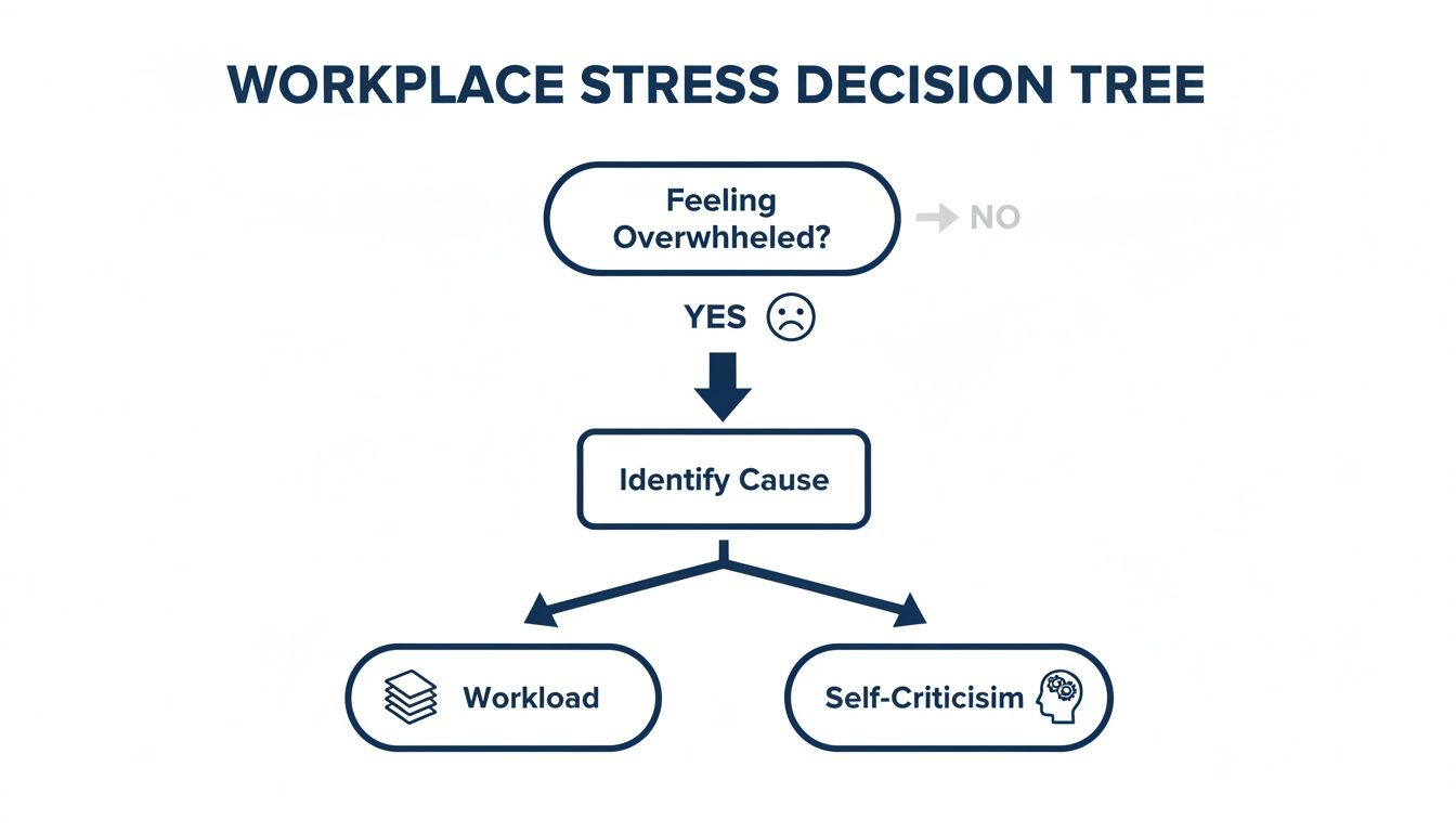 Decision tree flowchart for identifying causes of workplace stress, including workload and self-criticism.