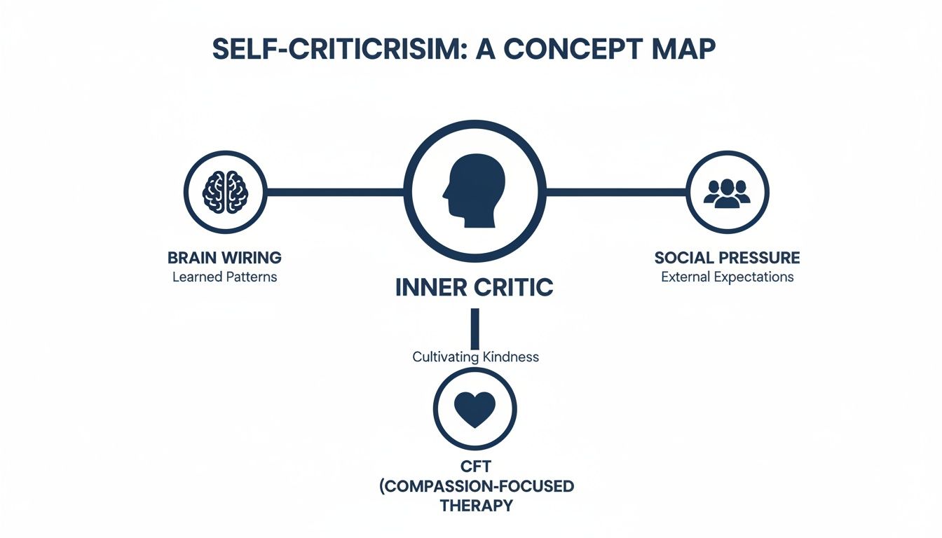 Concept map shows self-criticism's inner critic, influenced by brain wiring and social pressure, leading to compassion-focused therapy.