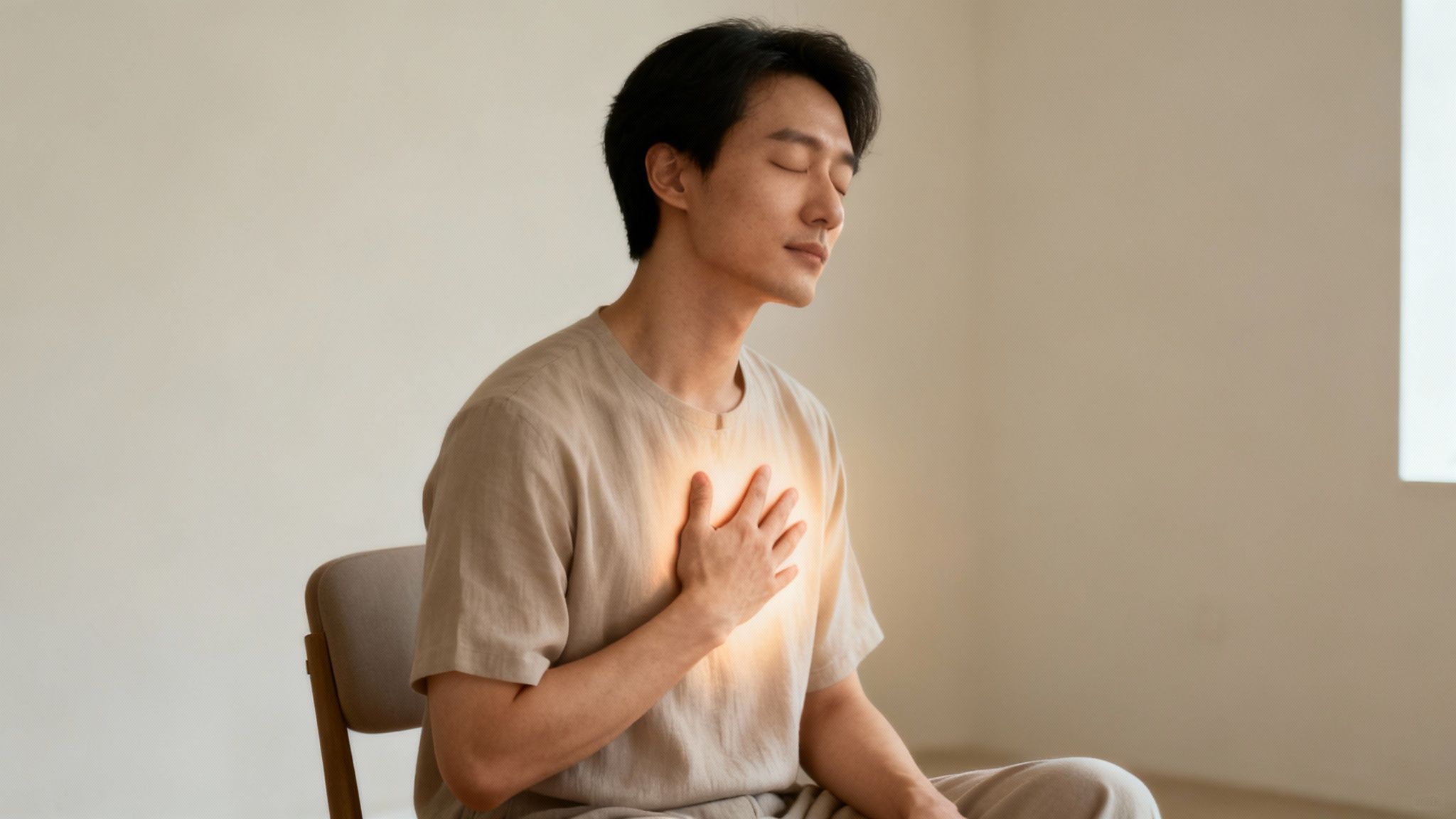 A serene man meditates with his eyes closed, his hand over his chest where a warm light glows.
