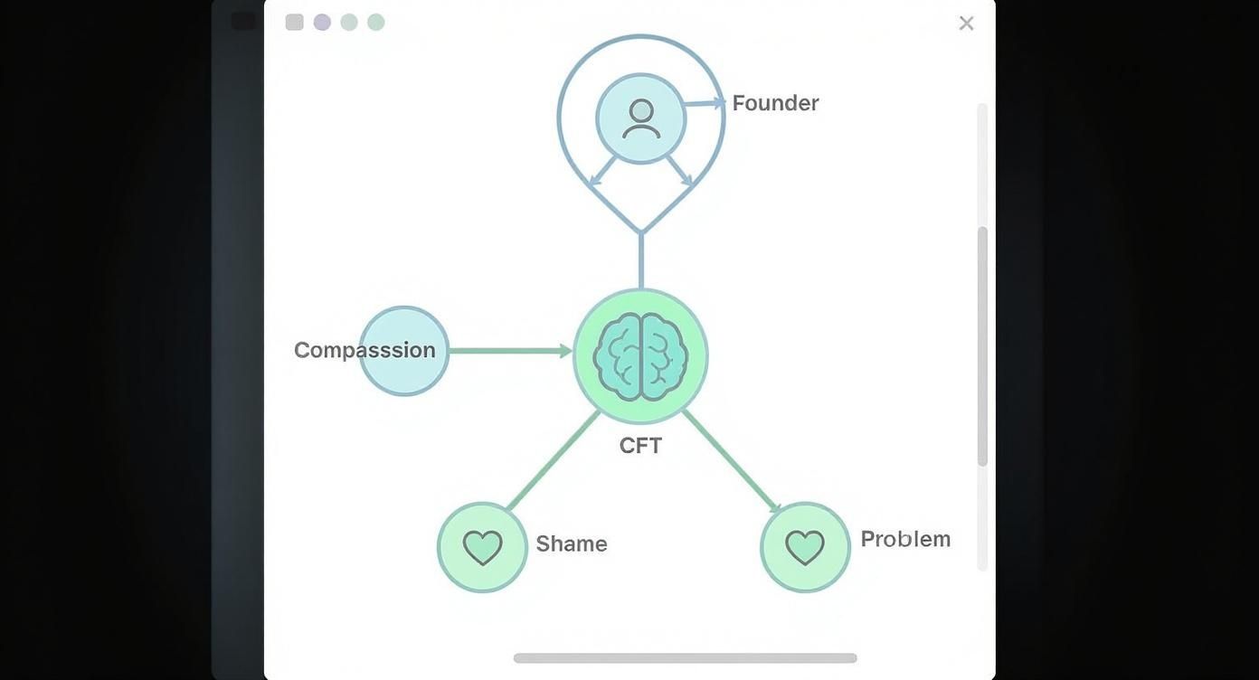 Diagram showing 'Founder' connected to 'CFT' brain, 'Compassion' leading to 'CFT', and 'CFT' linking to 'Shame' and 'Problem' hearts.