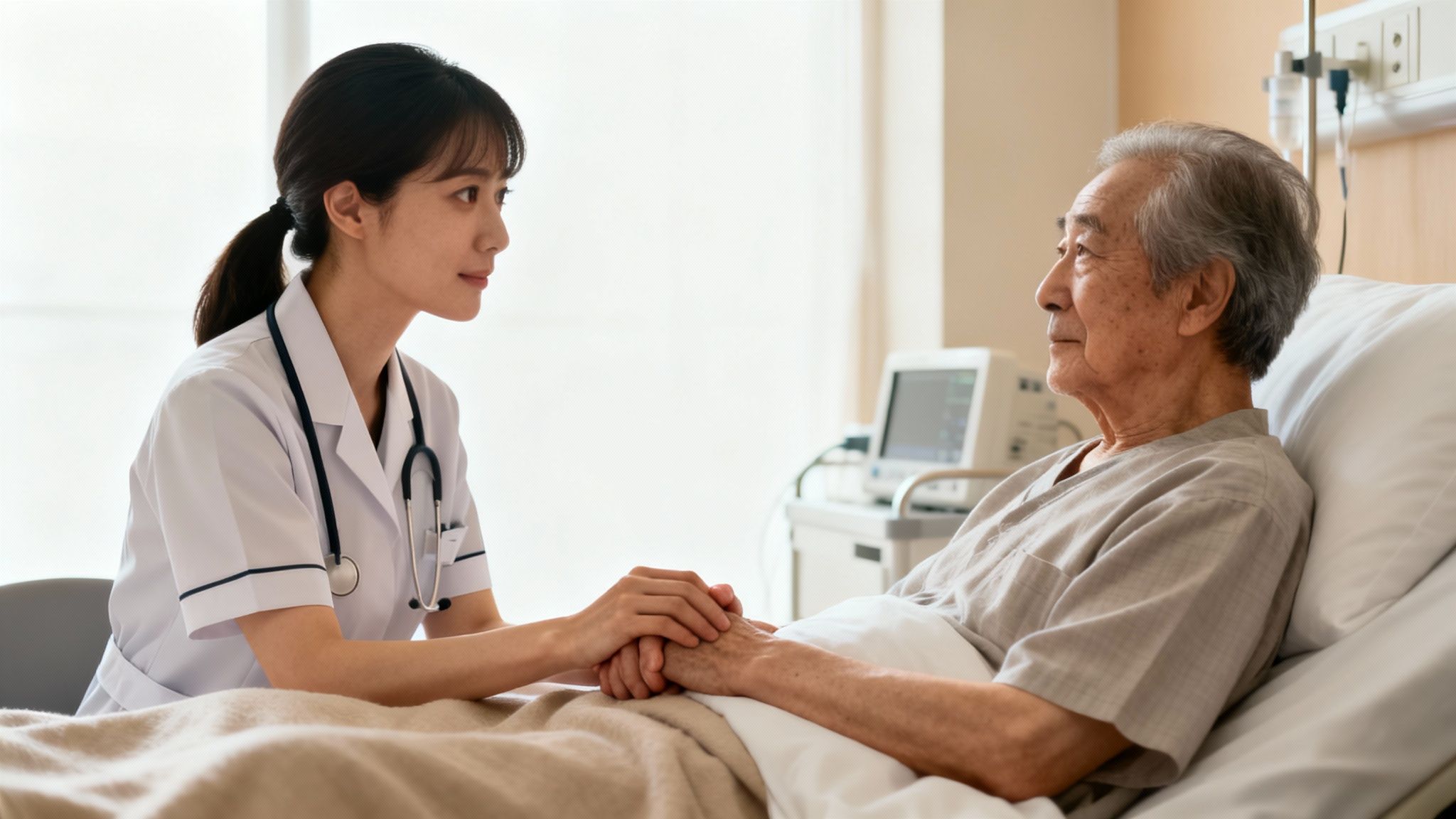 A compassionate nurse holds the hand of an elderly male patient in a bright hospital room, offering comfort.