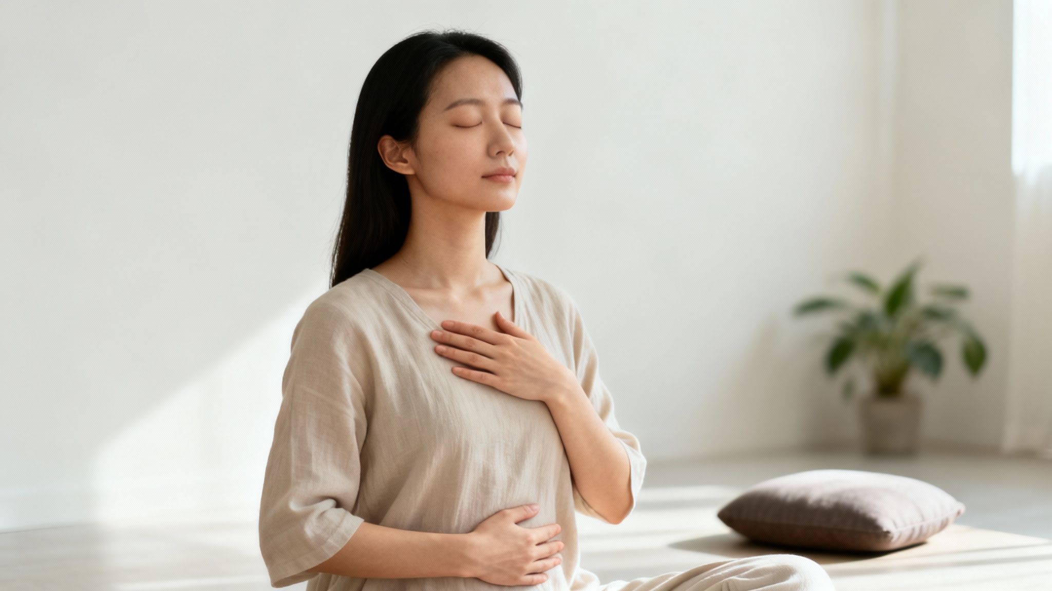 A serene Asian woman meditating with eyes closed, hands on chest and belly, in a bright room.